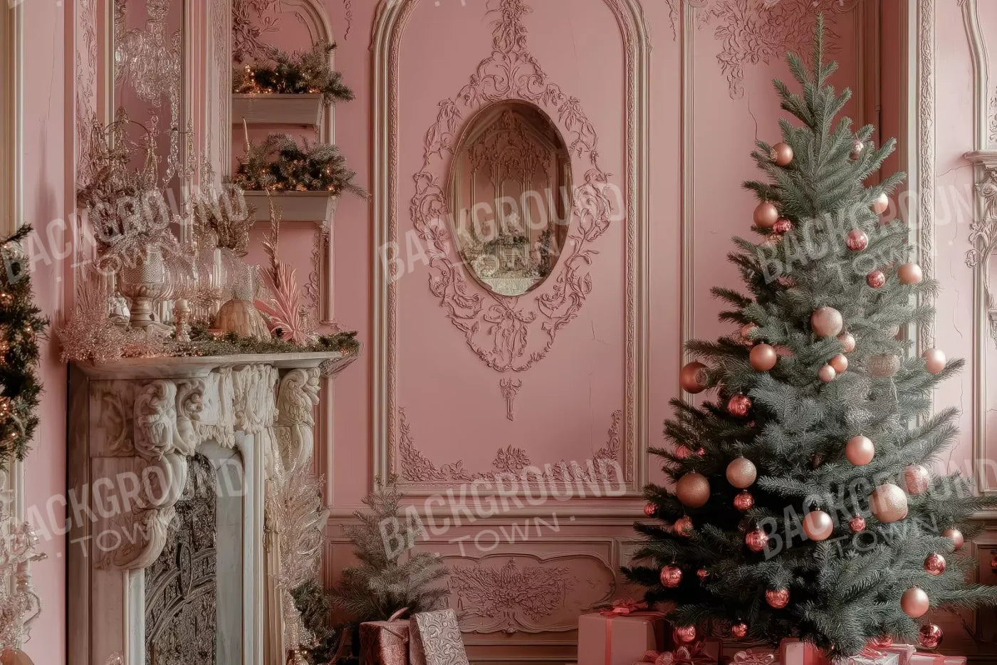 Pink Victorian Christmas Wall 12’X8’ Ultracloth (144 X 96 Inch) Backdrop