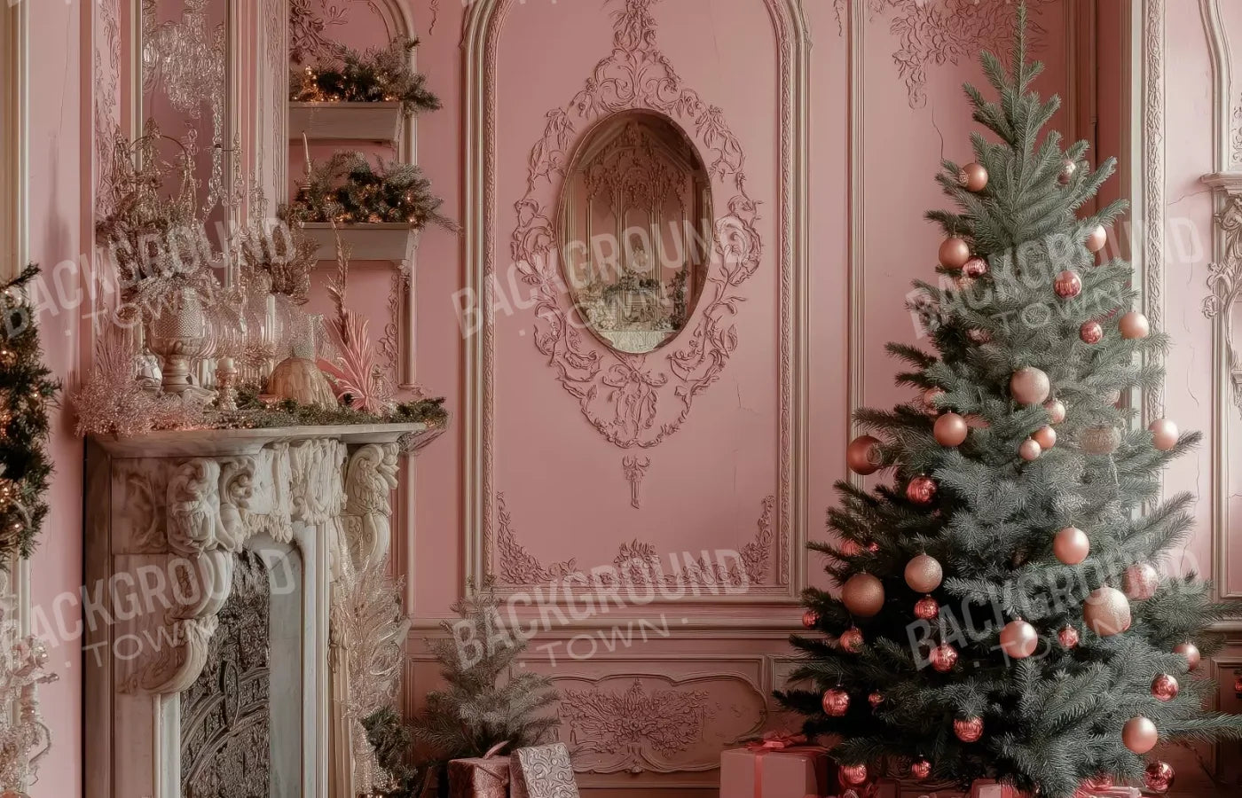 Pink Victorian Christmas Wall 14’X9’ Ultracloth (168 X 108 Inch) Backdrop
