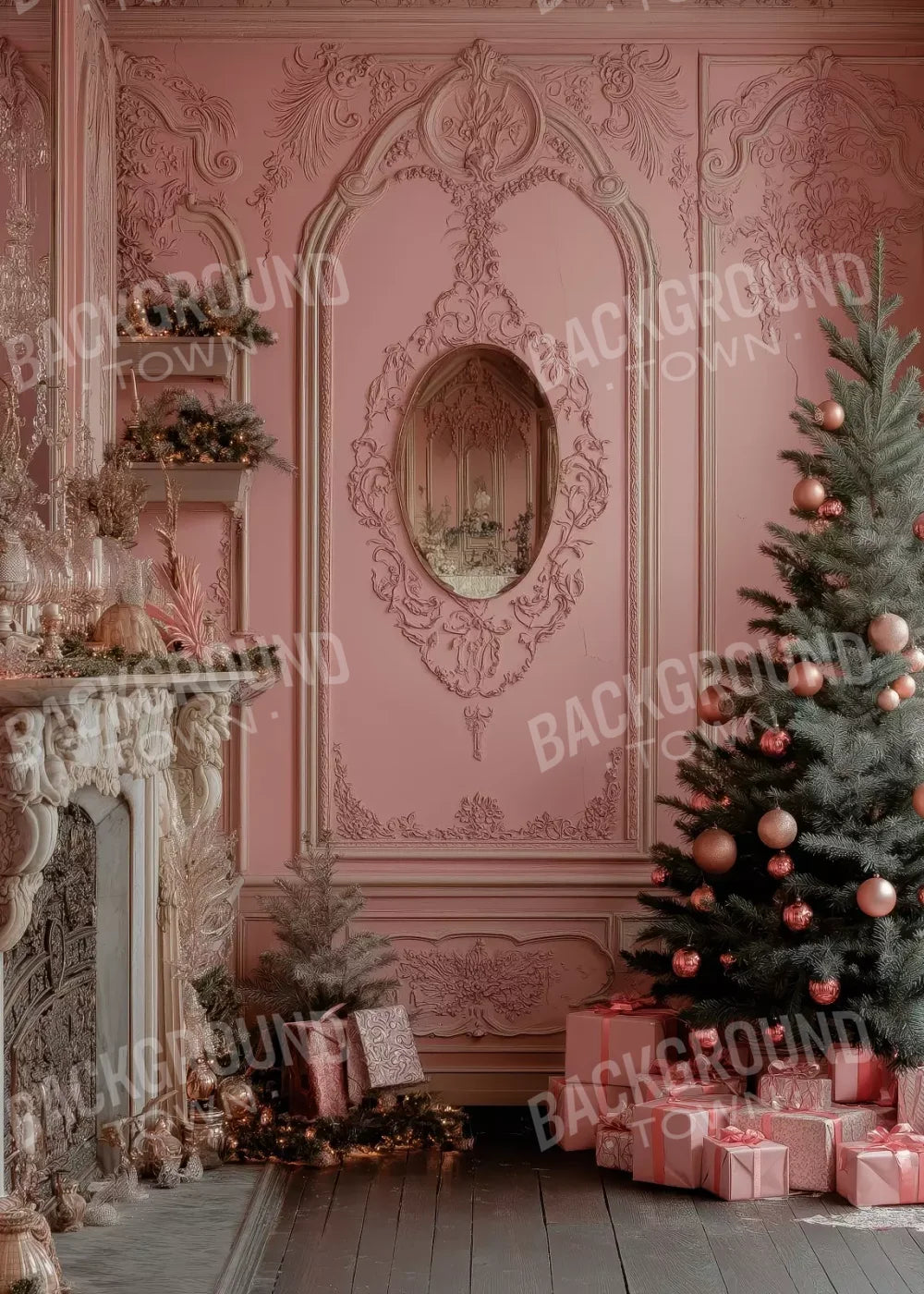 Pink Victorian Christmas Wall 5’X7’ Ultracloth (60 X 84 Inch) Backdrop