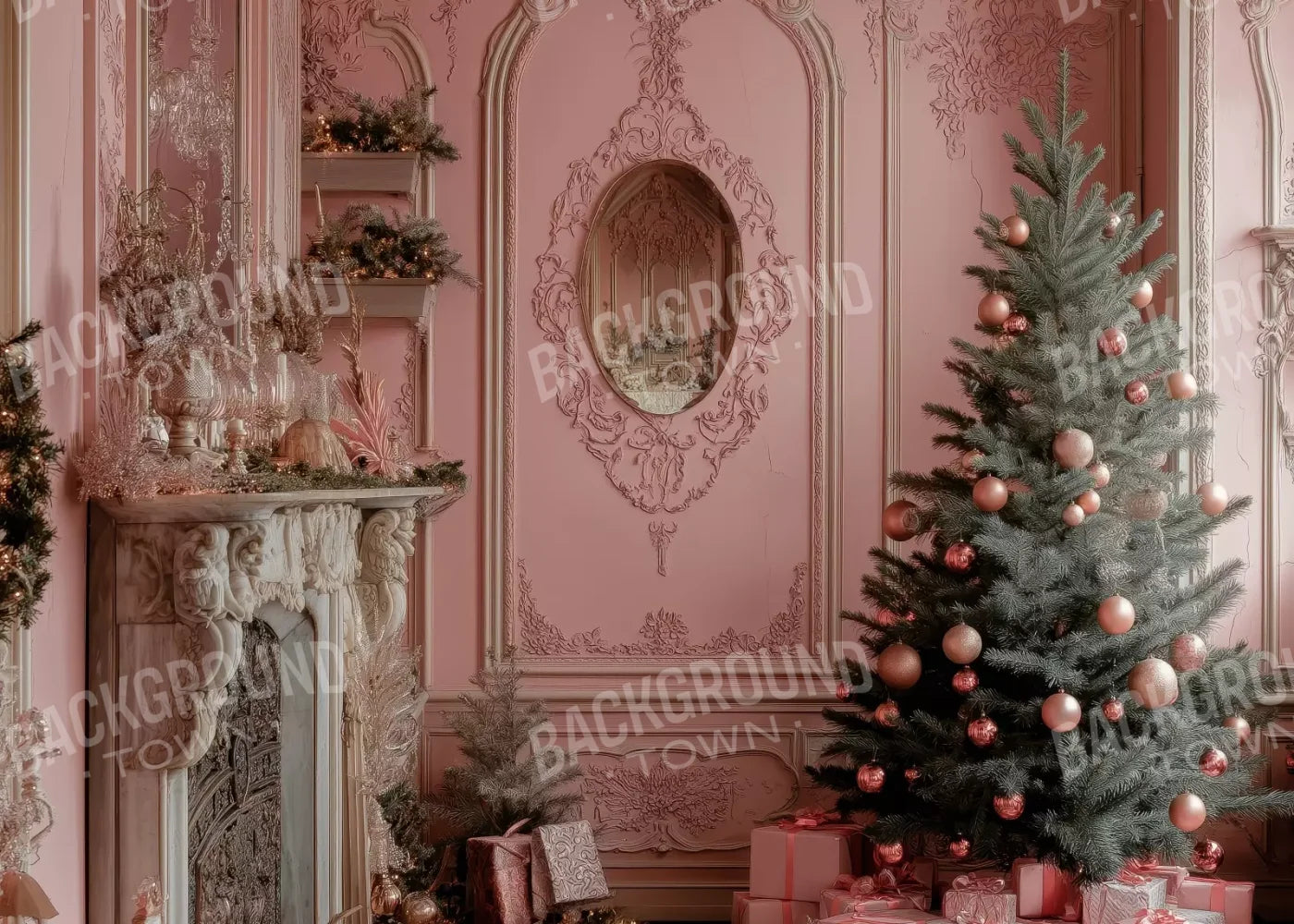 Pink Victorian Christmas Wall 7’X5’ Ultracloth (84 X 60 Inch) Backdrop