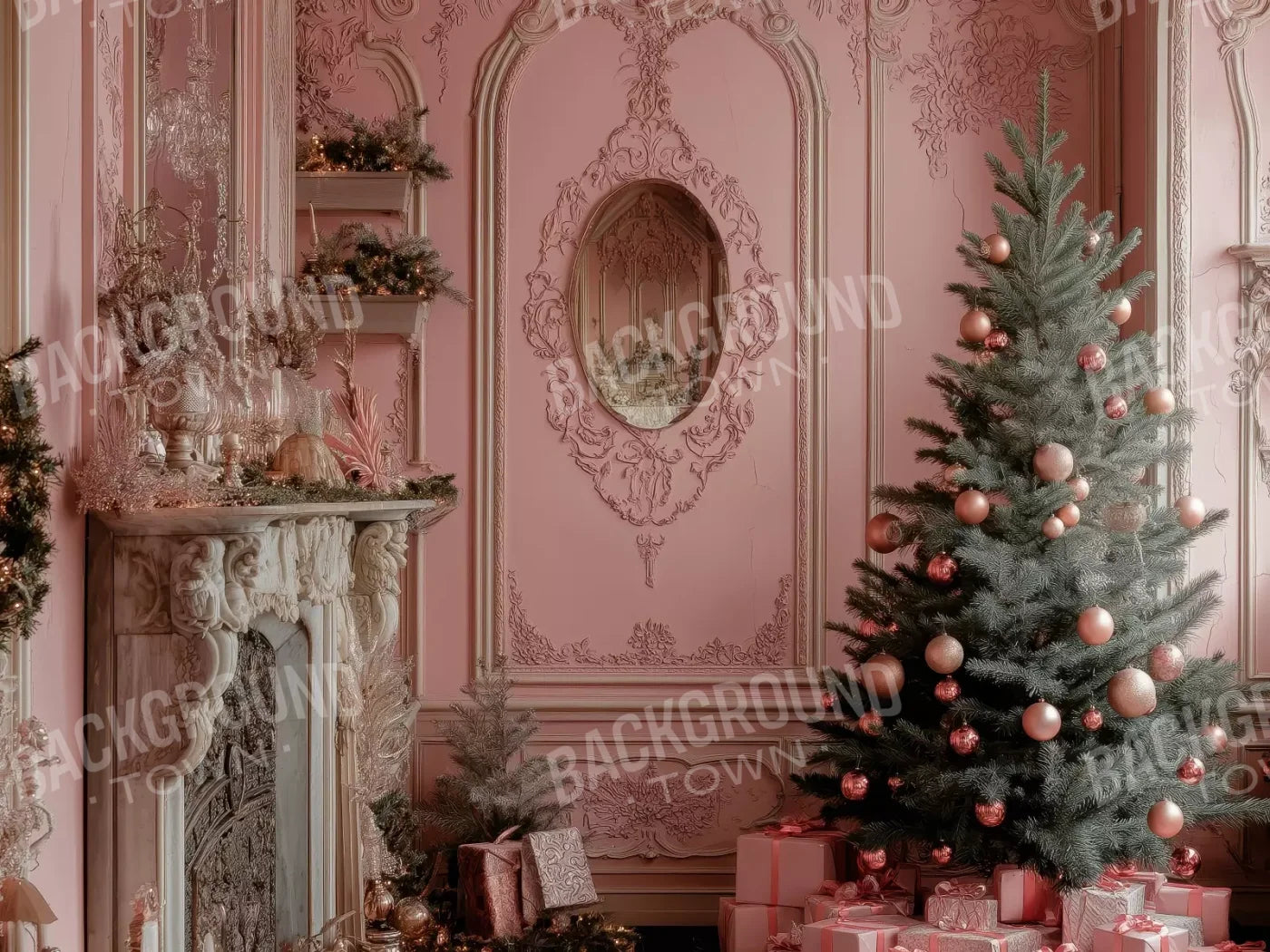 Pink Victorian Christmas Wall 8’X6’ Fleece (96 X 72 Inch) Backdrop