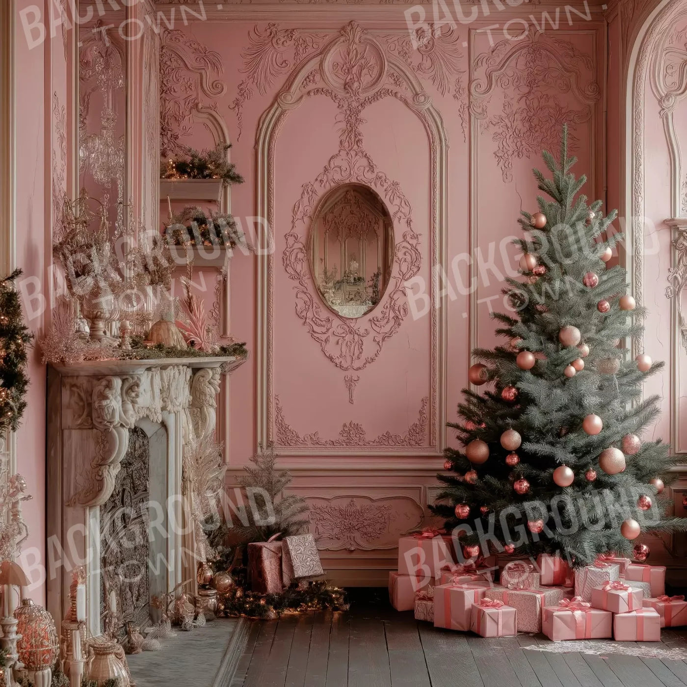Pink Victorian Christmas Wall 8’X8’ Fleece (96 X Inch) Backdrop