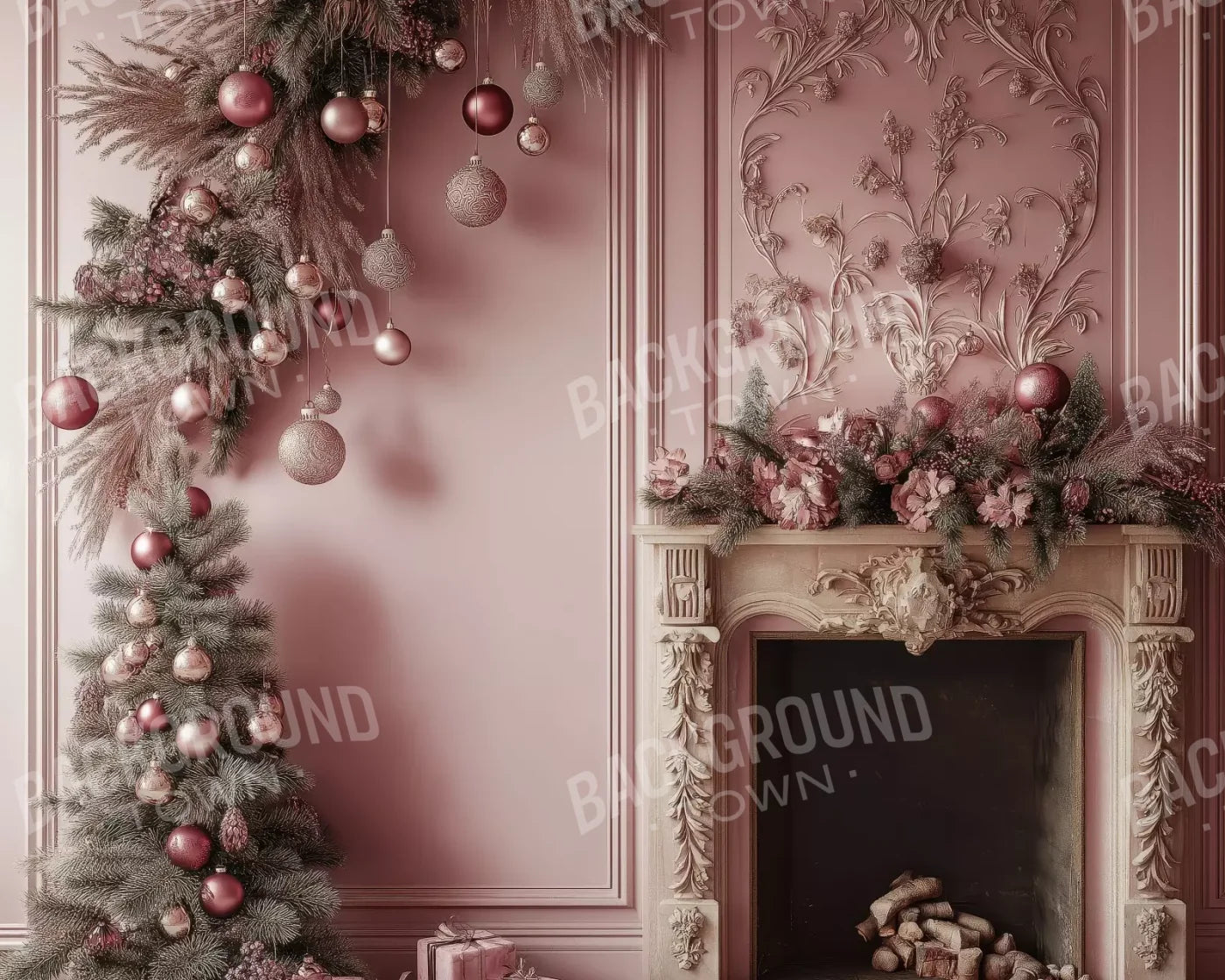 Pink Victorian Fireplace 10’X8’ Fleece (120 X 96 Inch) Backdrop