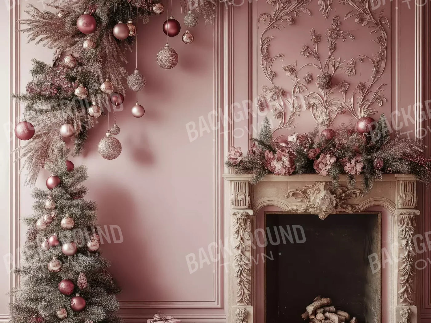 Pink Victorian Fireplace 8’X6’ Fleece (96 X 72 Inch) Backdrop