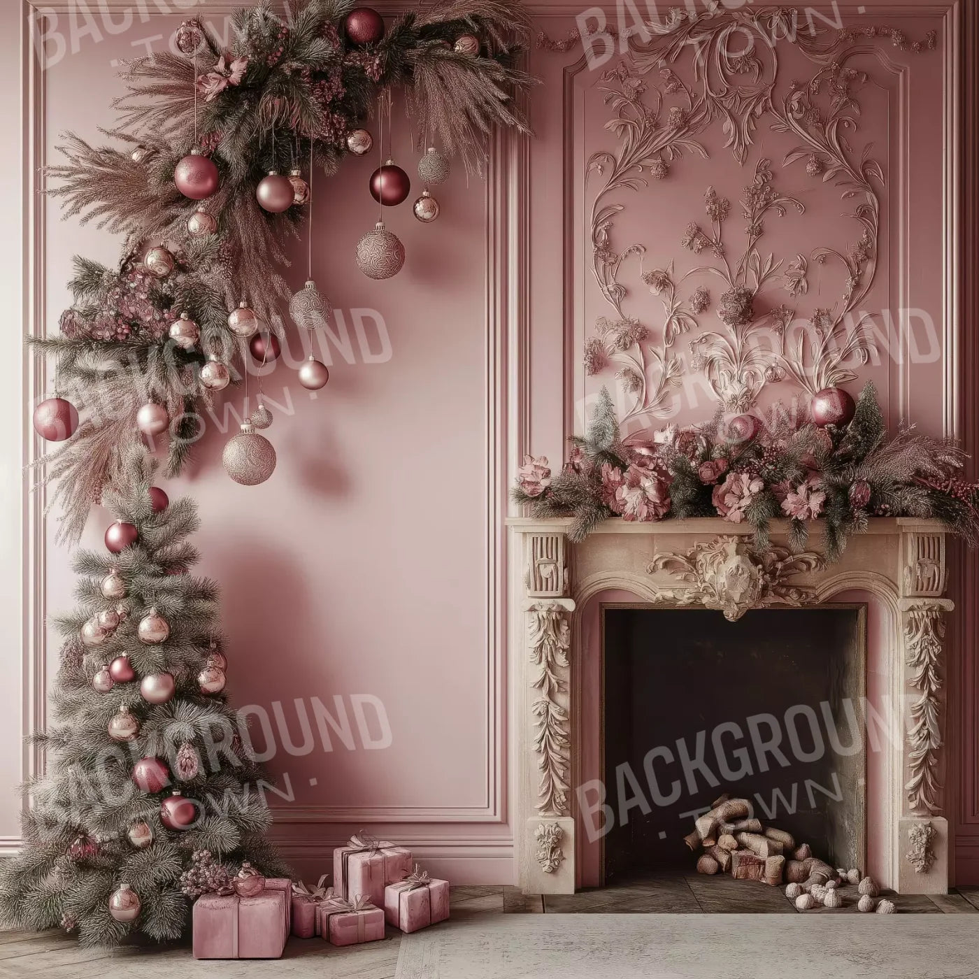 Pink Victorian Fireplace 8’X8’ Fleece (96 X Inch) Backdrop