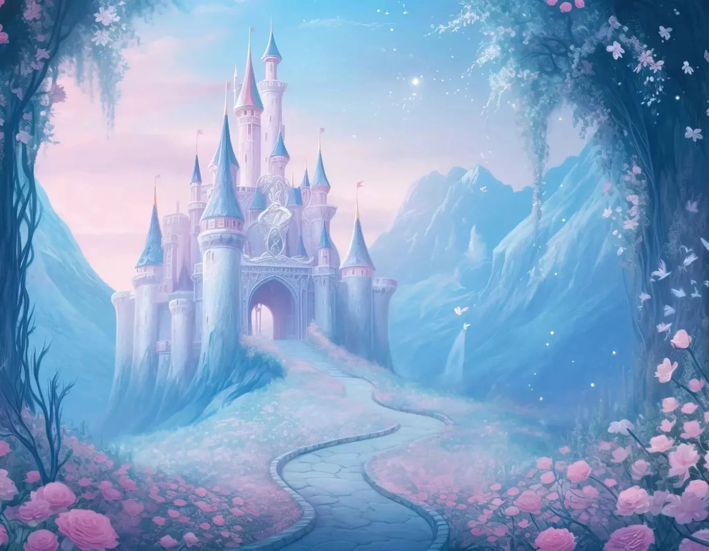 Princess Castle In The Mist 8X6 Fleece ( 96 X 72 Inch ) Backdrop