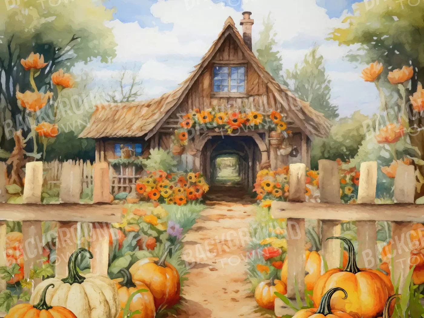 Pumpkin Patch Cottage 10X8 Fleece ( 120 X 96 Inch ) Backdrop