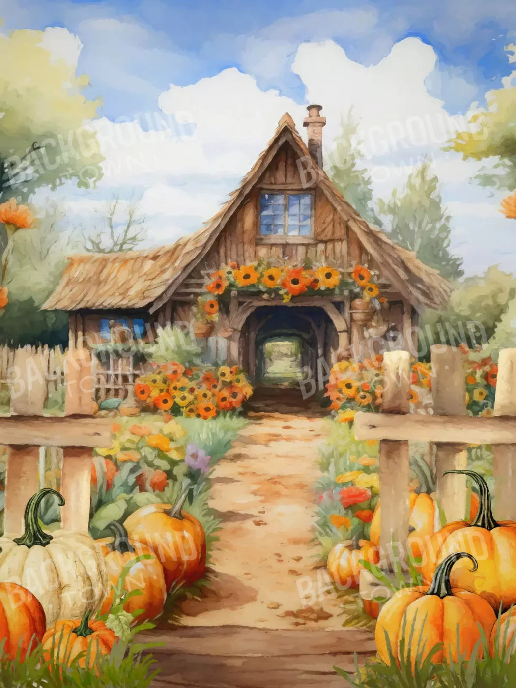 Pumpkin Patch Cottage 5X68 Fleece ( 60 X 80 Inch ) Backdrop