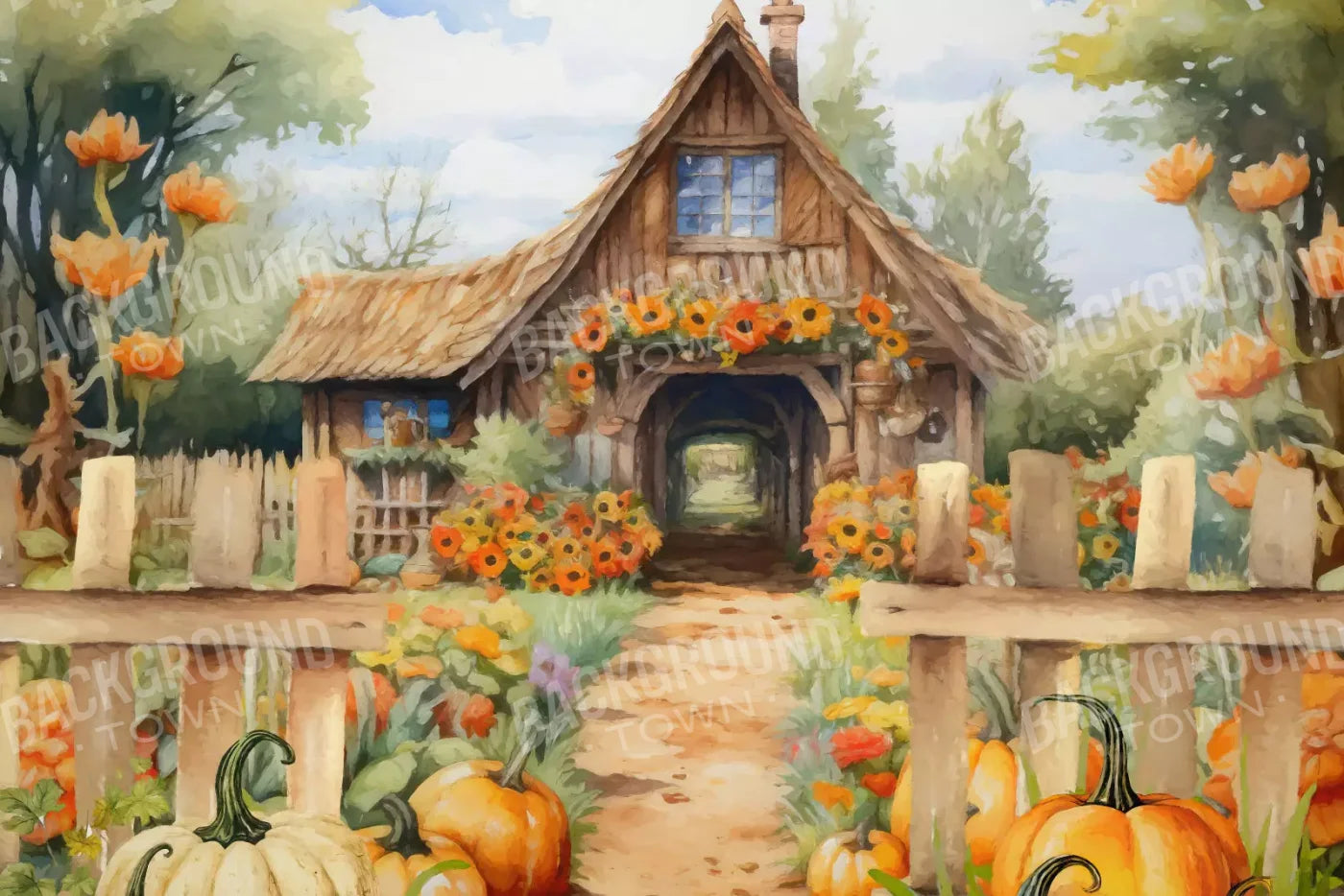 Pumpkin Patch Cottage 8X5 Ultracloth ( 96 X 60 Inch ) Backdrop