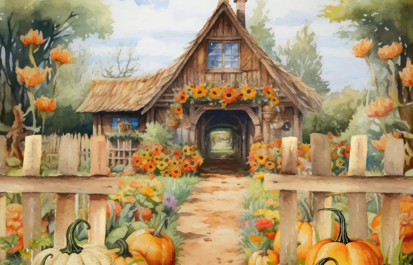 Pumpkin Patch Cottage 12X8 Ultracloth ( 144 X 96 Inch ) Backdrop