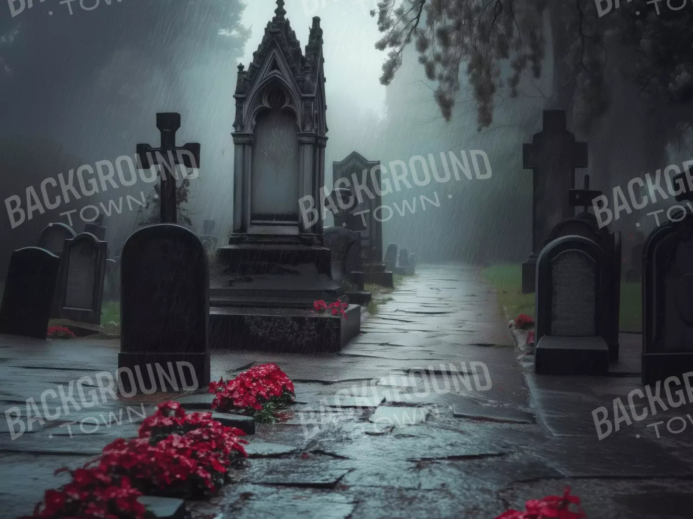 Rainy Old Cemetary 6’8X5’ Fleece (80 X 60 Inch) Backdrop