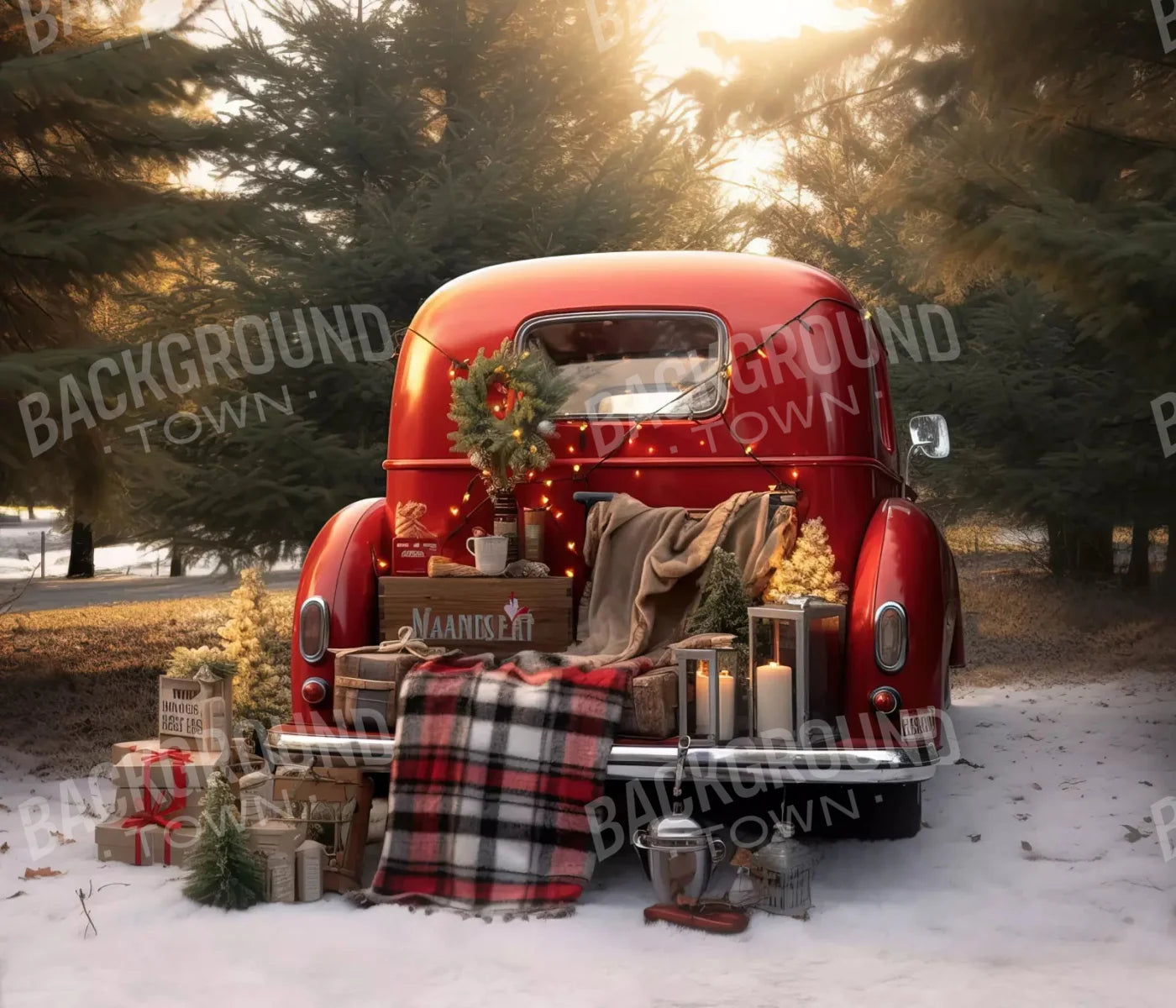 Christmas Red Truck At Sunset 12X10 Ultracloth ( 144 X 120 Inch ) Backdrop