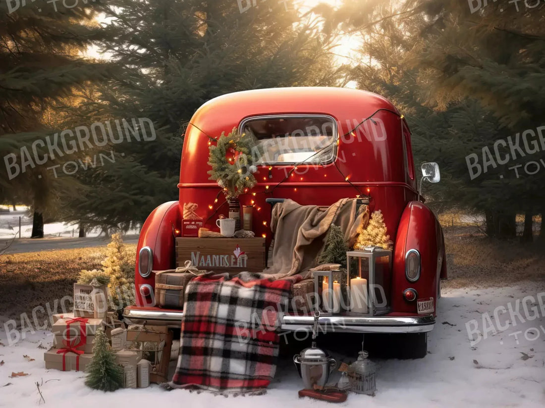 Christmas Red Truck At Sunset 68X5 Fleece ( 80 X 60 Inch ) Backdrop