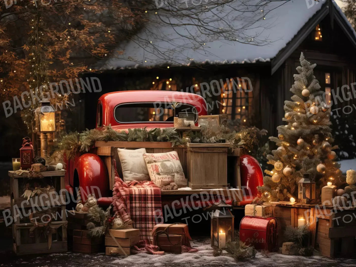 Red Truck Holiday At Cabin 10X8 Fleece ( 120 X 96 Inch ) Backdrop