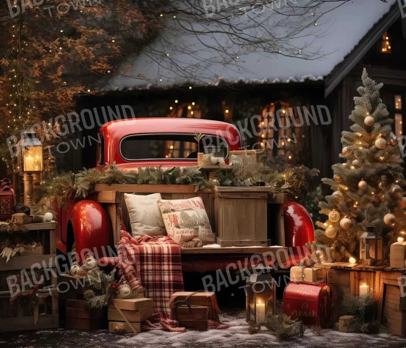 Red Truck Holiday At Cabin 12X10 Ultracloth ( 144 X 120 Inch ) Backdrop