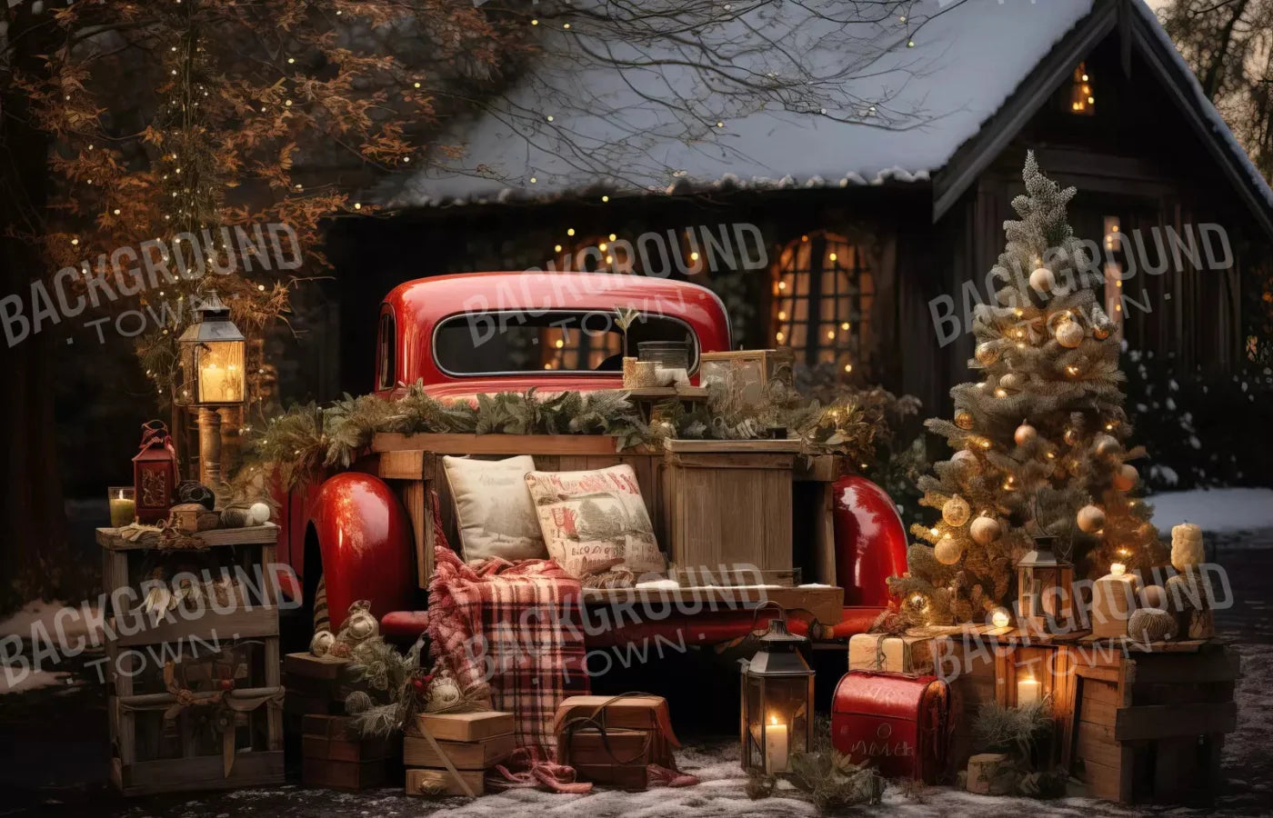 Red Truck Holiday At Cabin 12X8 Ultracloth ( 144 X 96 Inch ) Backdrop