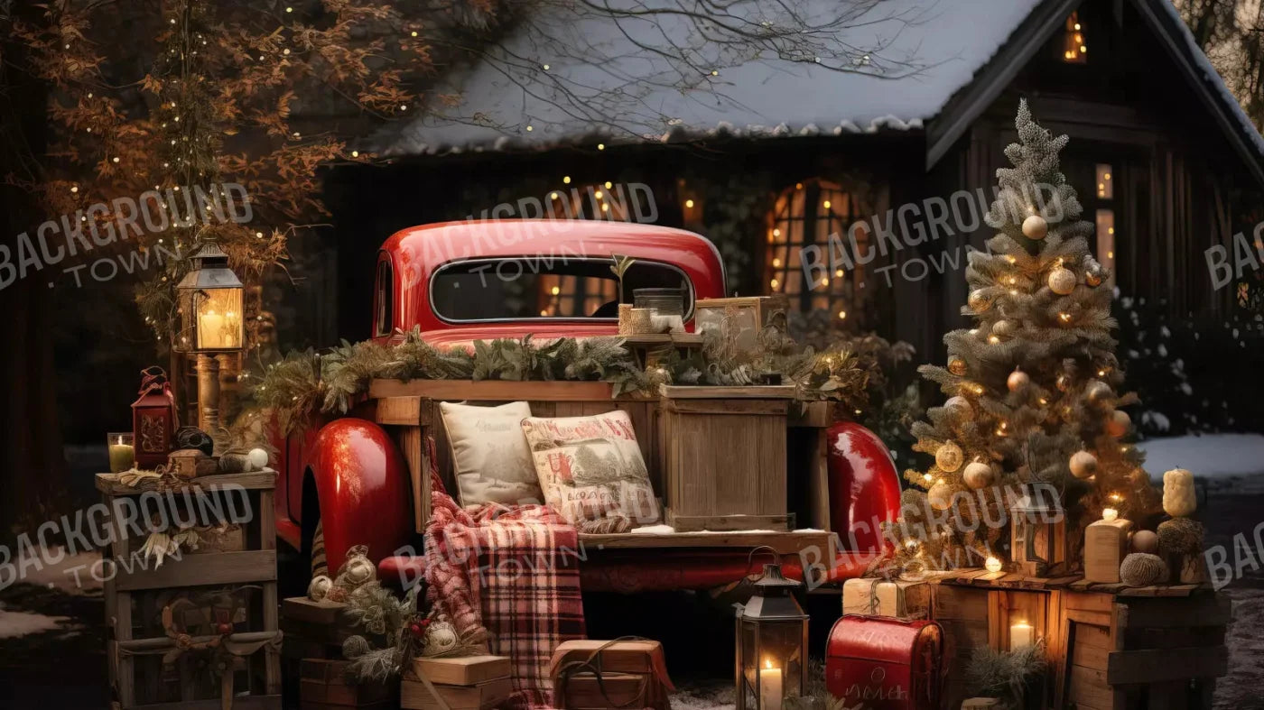 Red Truck Holiday At Cabin 14X8 Ultracloth ( 168 X 96 Inch ) Backdrop