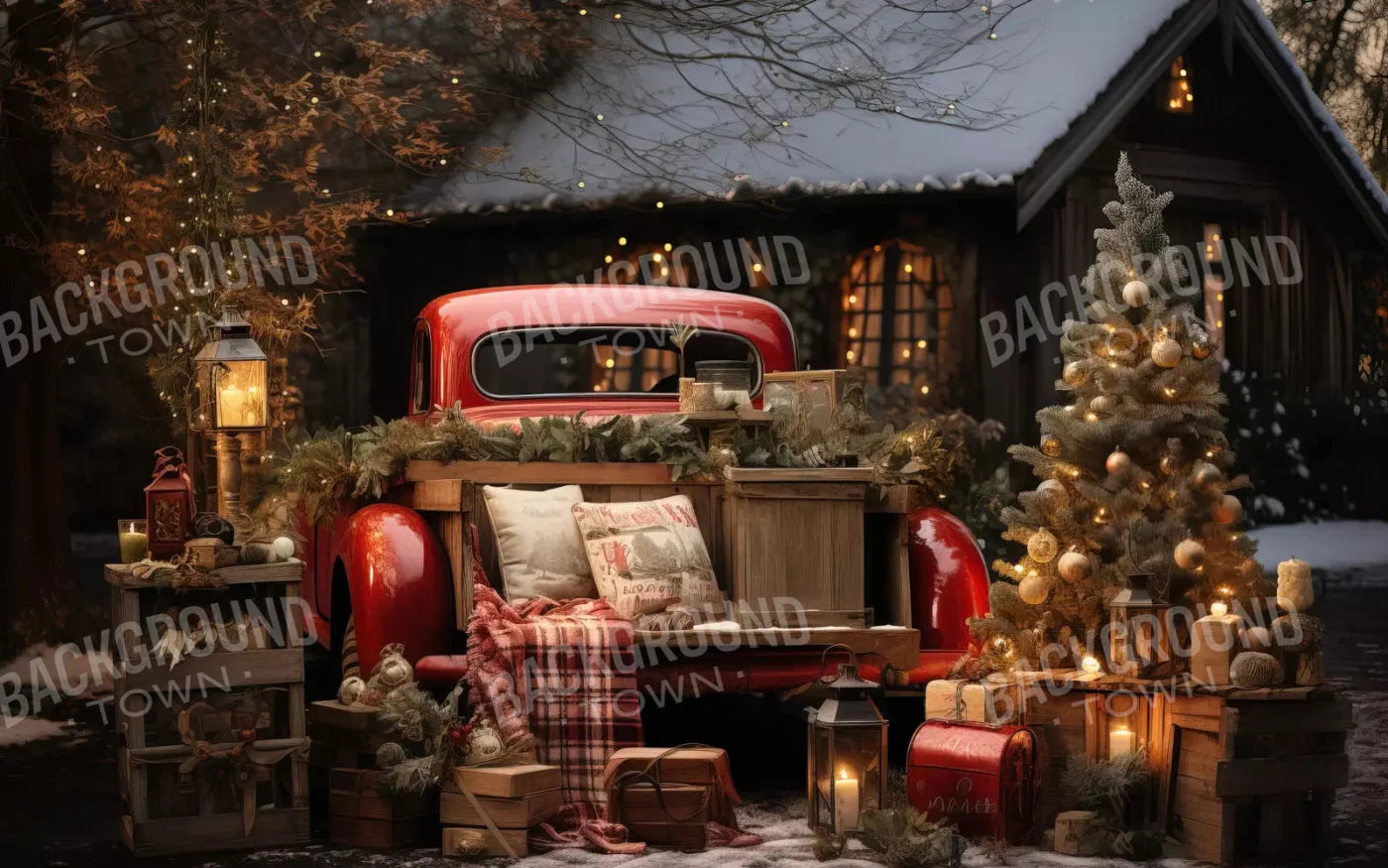 Red Truck Holiday At Cabin 14X9 Ultracloth ( 168 X 108 Inch ) Backdrop