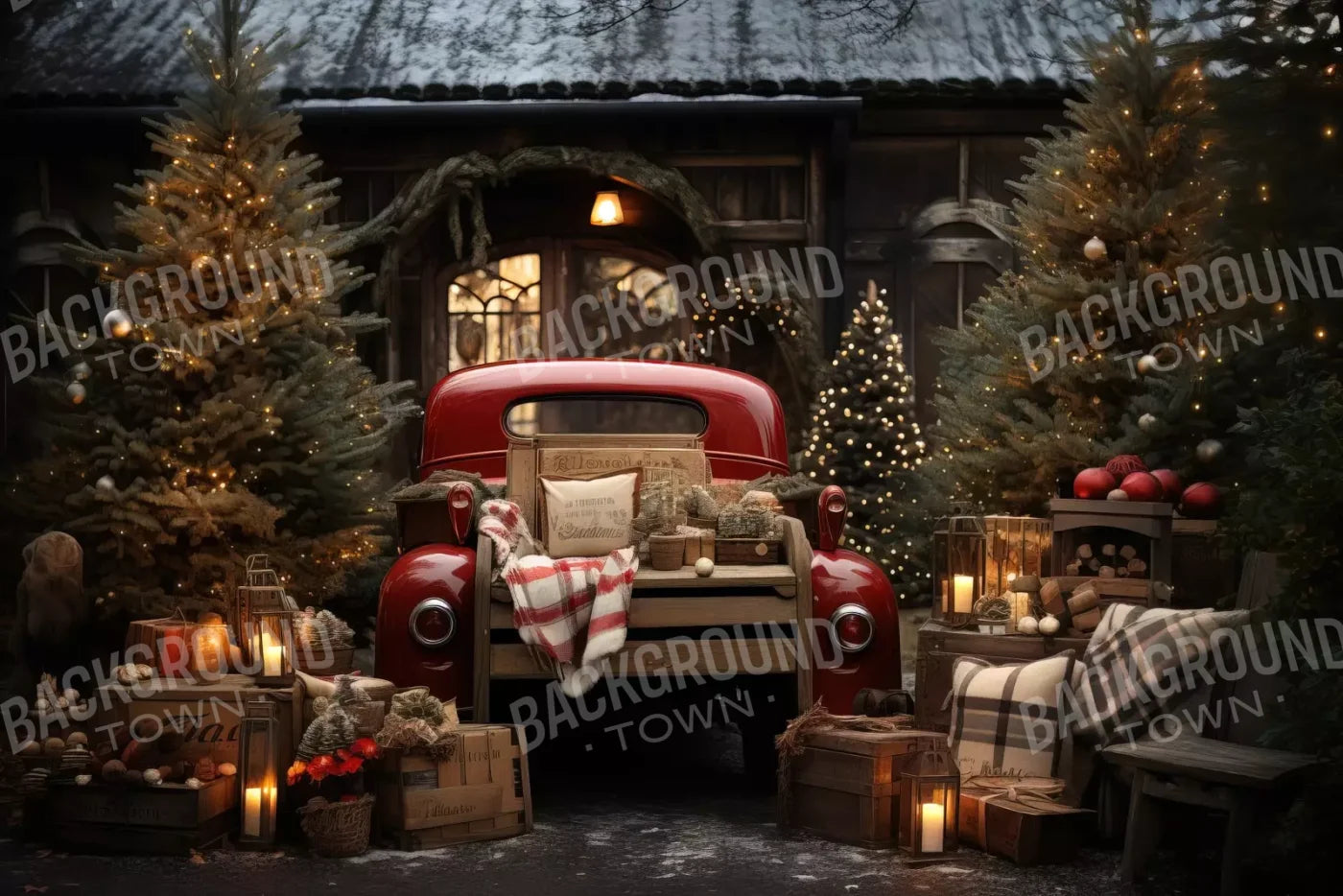 Red Truck Holiday At Cabin Ii 12’X8’ Ultracloth (144 X 96 Inch) Backdrop