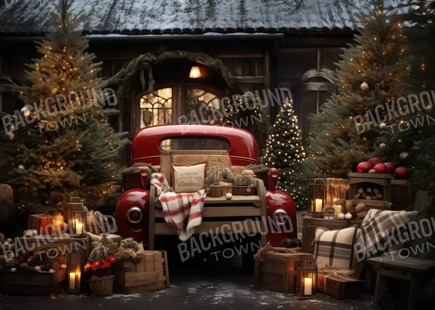 Red Truck Holiday At Cabin Ii 7’X5’ Ultracloth (84 X 60 Inch) Backdrop
