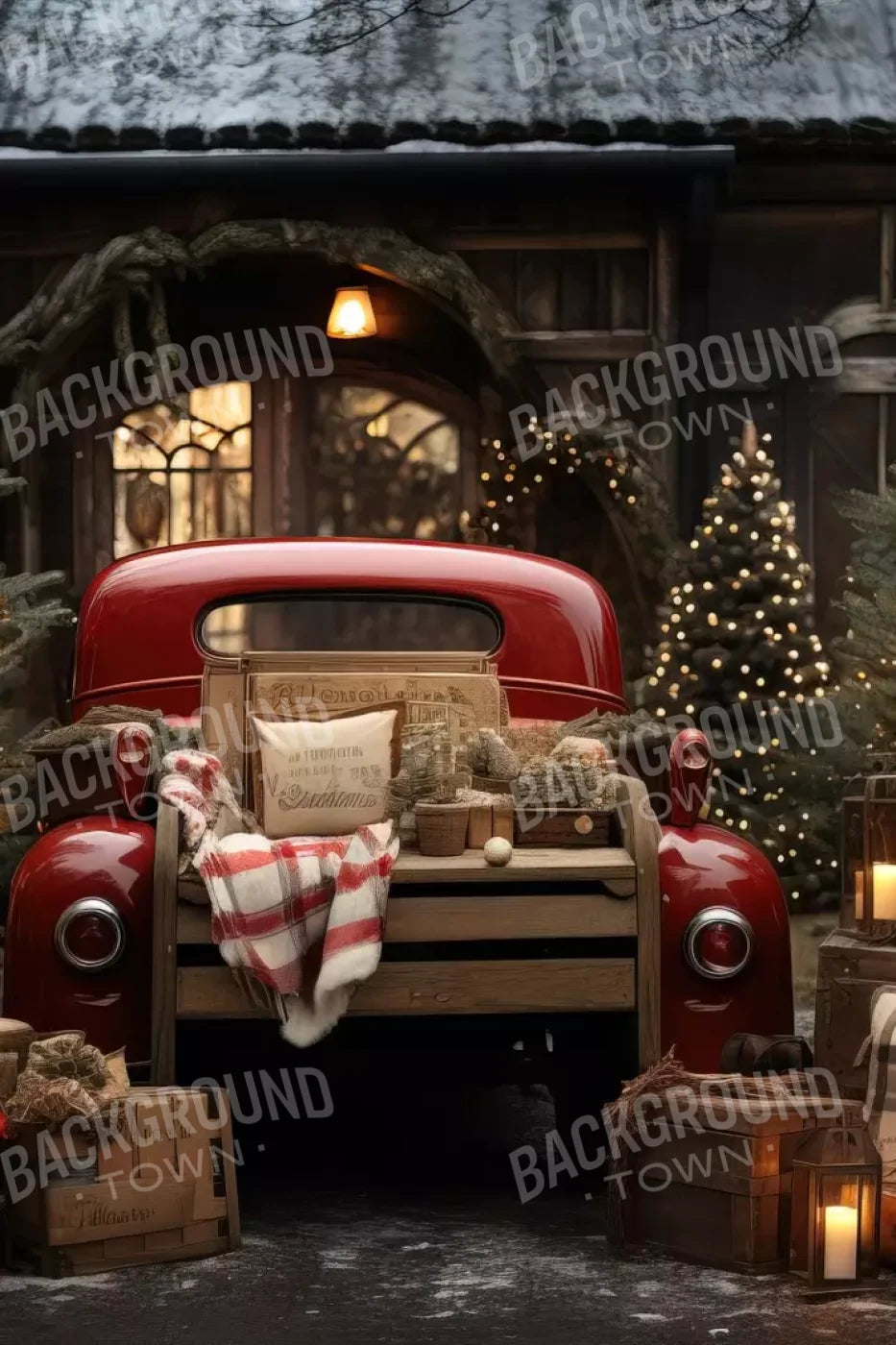 Red Truck Holiday At Cabin Ii 8’X12’ Ultracloth (96 X 144 Inch) Backdrop