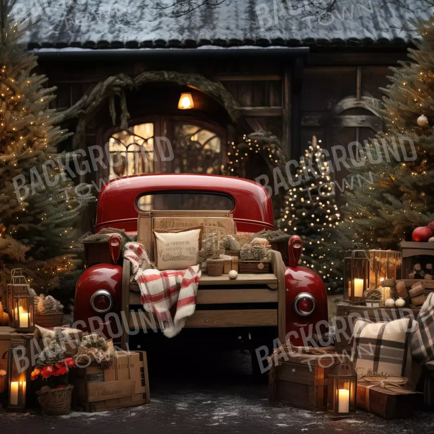 Red Truck Holiday At Cabin Ii 8’X8’ Fleece (96 X Inch) Backdrop
