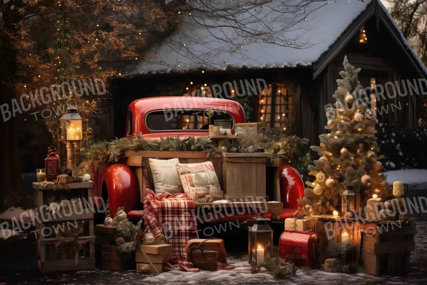 Red Truck Holiday At Cabin 8X5 Ultracloth ( 96 X 60 Inch ) Backdrop