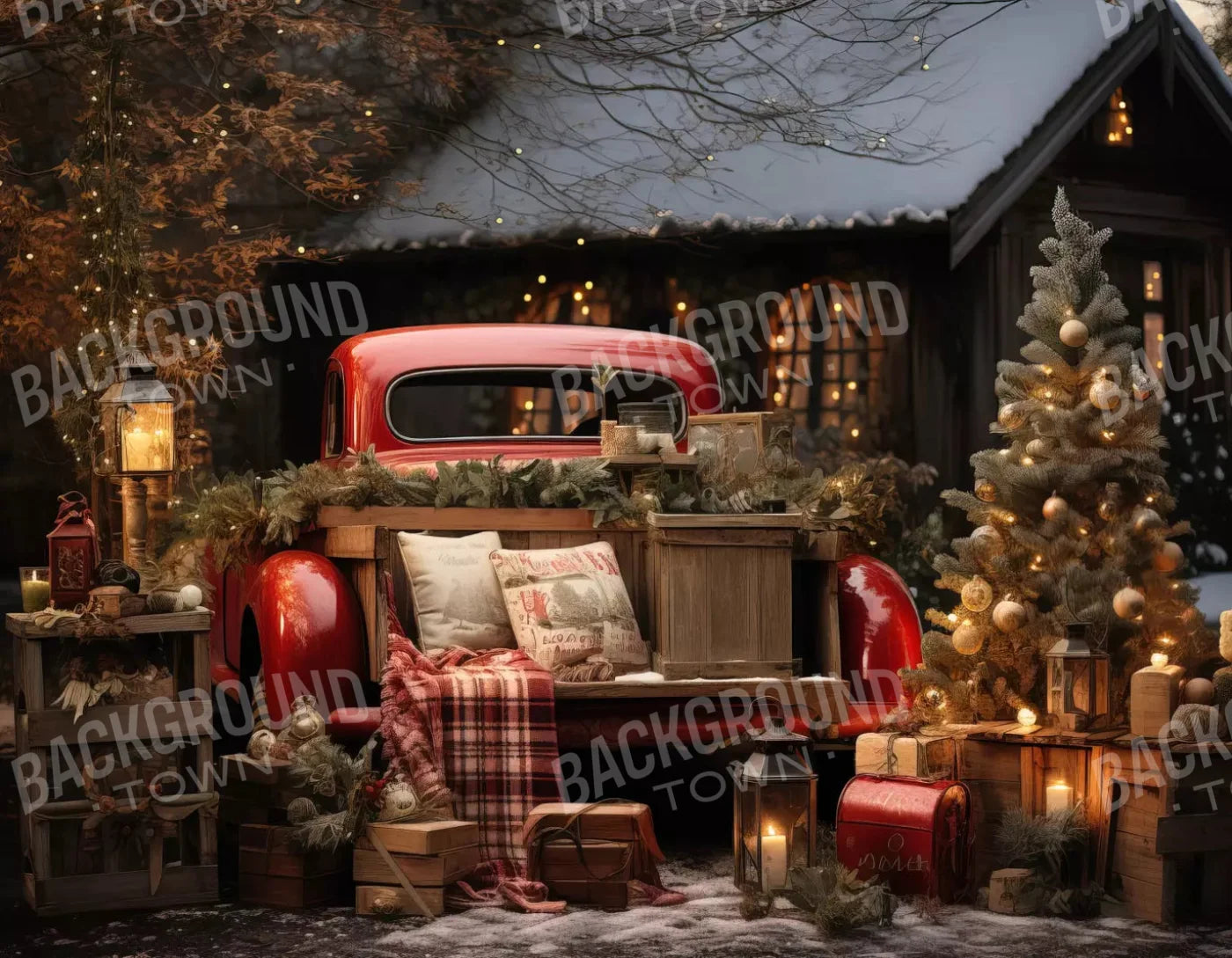 Red Truck Holiday At Cabin 8X6 Fleece ( 96 X 72 Inch ) Backdrop