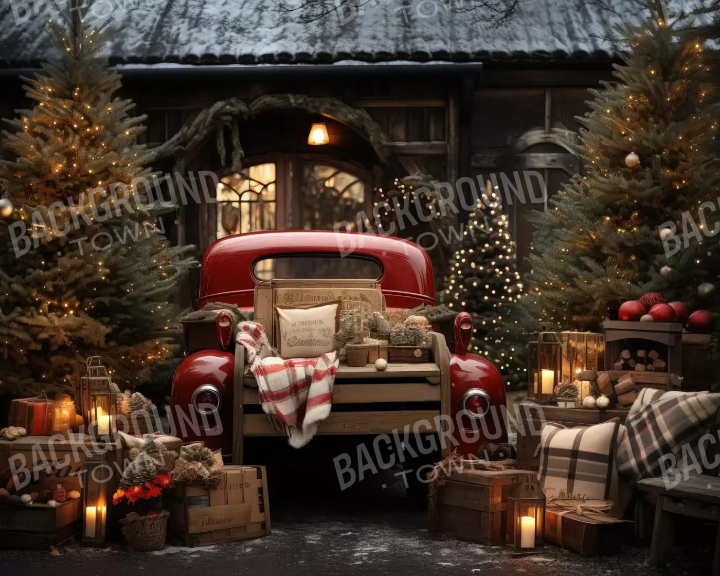 Red Truck Holiday At Cabin Ii 10’X8’ Fleece (120 X 96 Inch) Backdrop