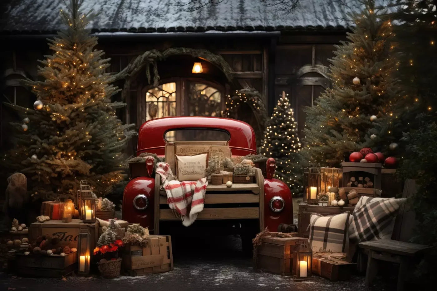 Red Truck Holiday At Cabin Ii 12’X8’ Ultracloth (144 X 96 Inch) Backdrop