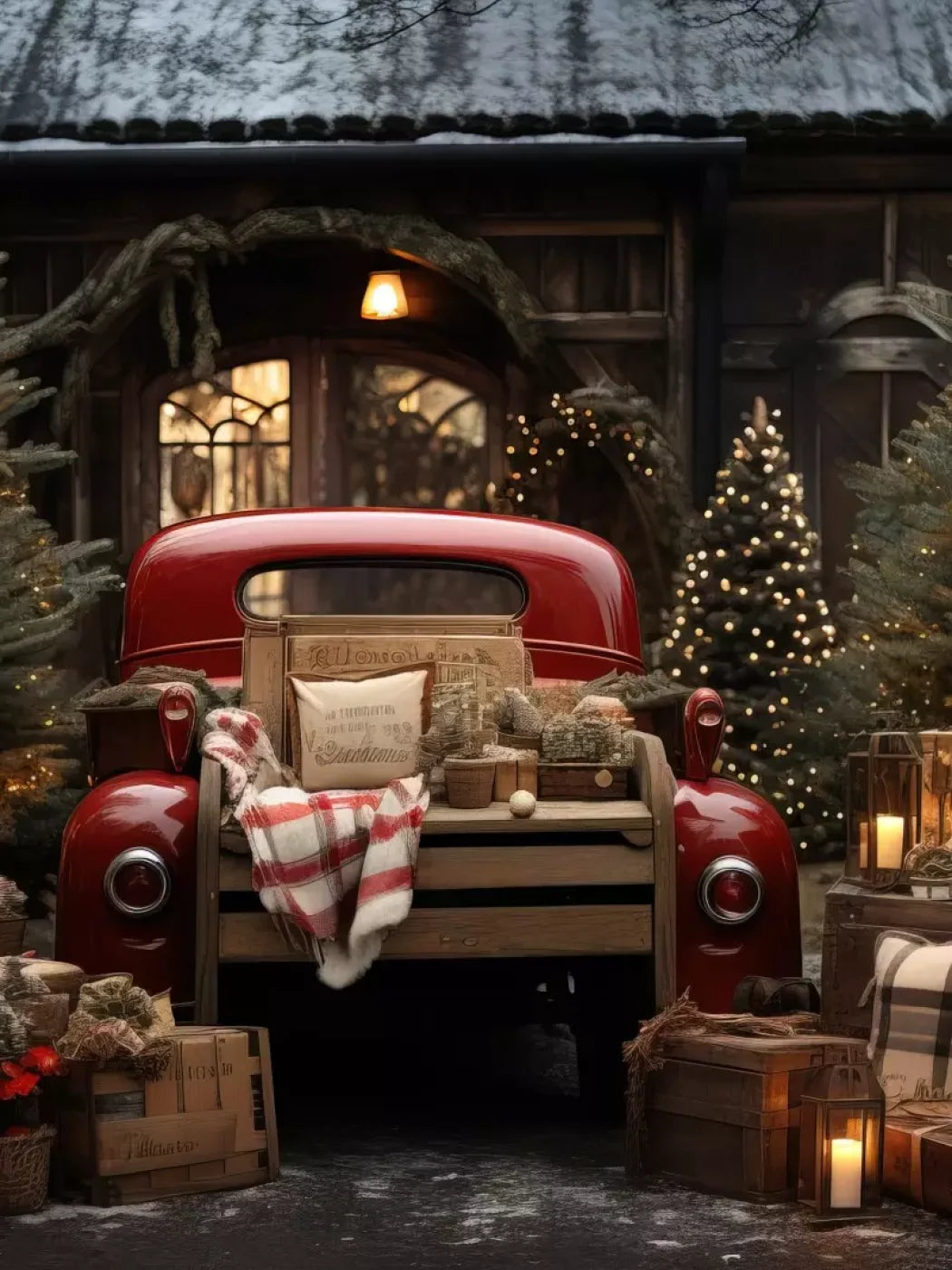 Red Truck Holiday At Cabin Ii 6’X8’ Fleece (72 X 96 Inch) Backdrop