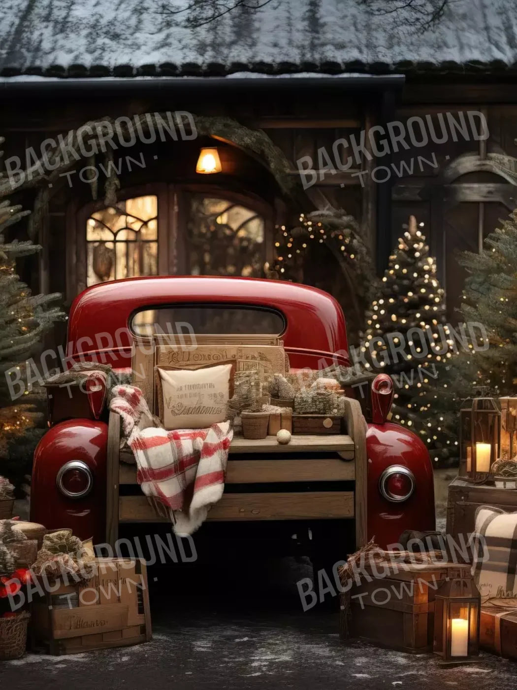 Red Truck Holiday At Cabin Ii 6’X8’ Fleece (72 X 96 Inch) Backdrop
