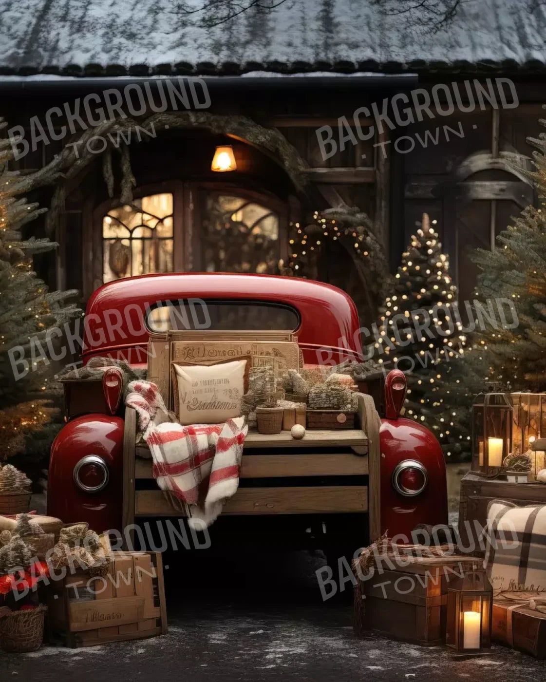 Red Truck Holiday At Cabin Ii 8’X10’ Fleece (96 X 120 Inch) Backdrop