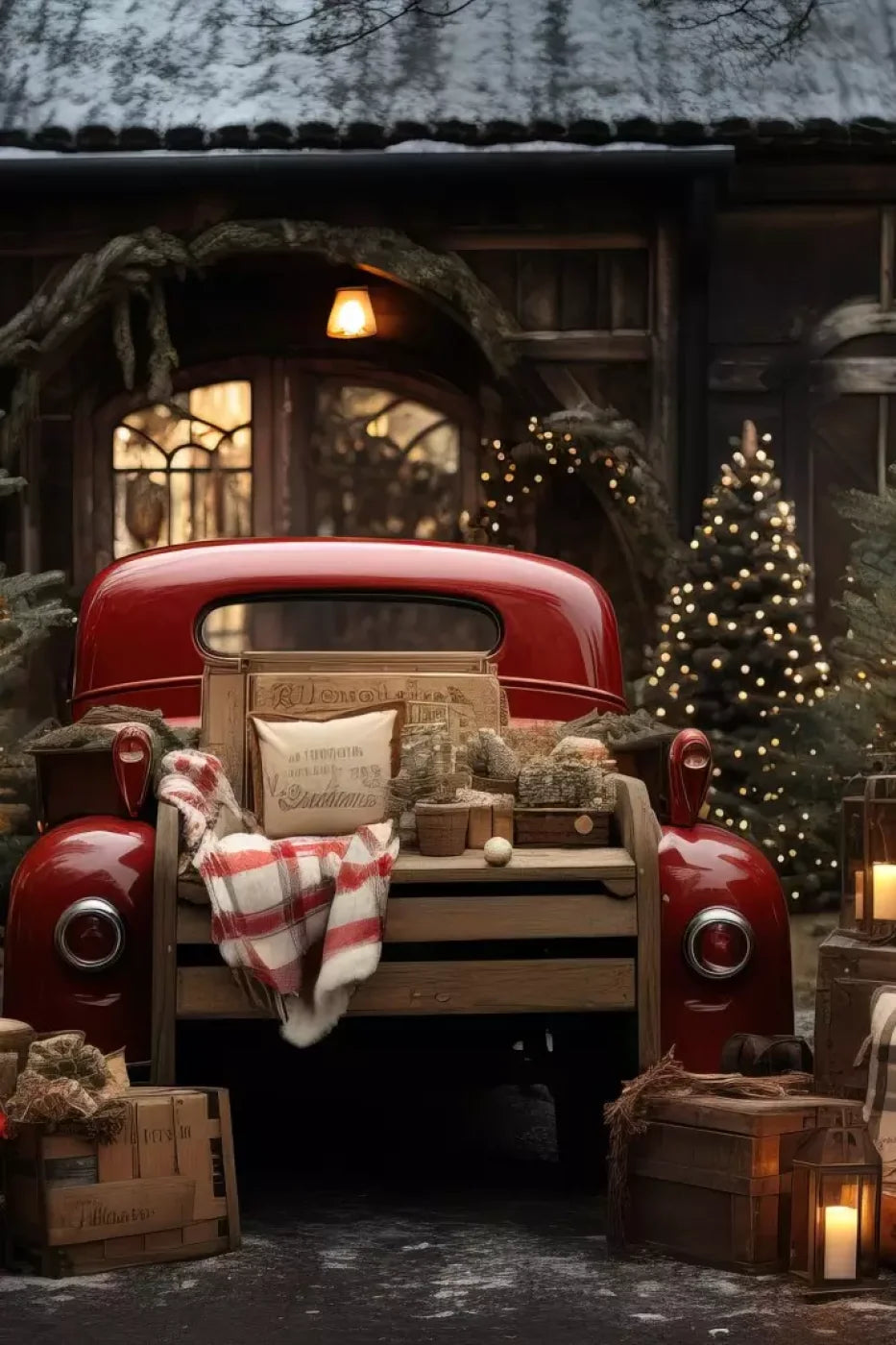 Red Truck Holiday At Cabin Ii 8’X12’ Ultracloth (96 X 144 Inch) Backdrop