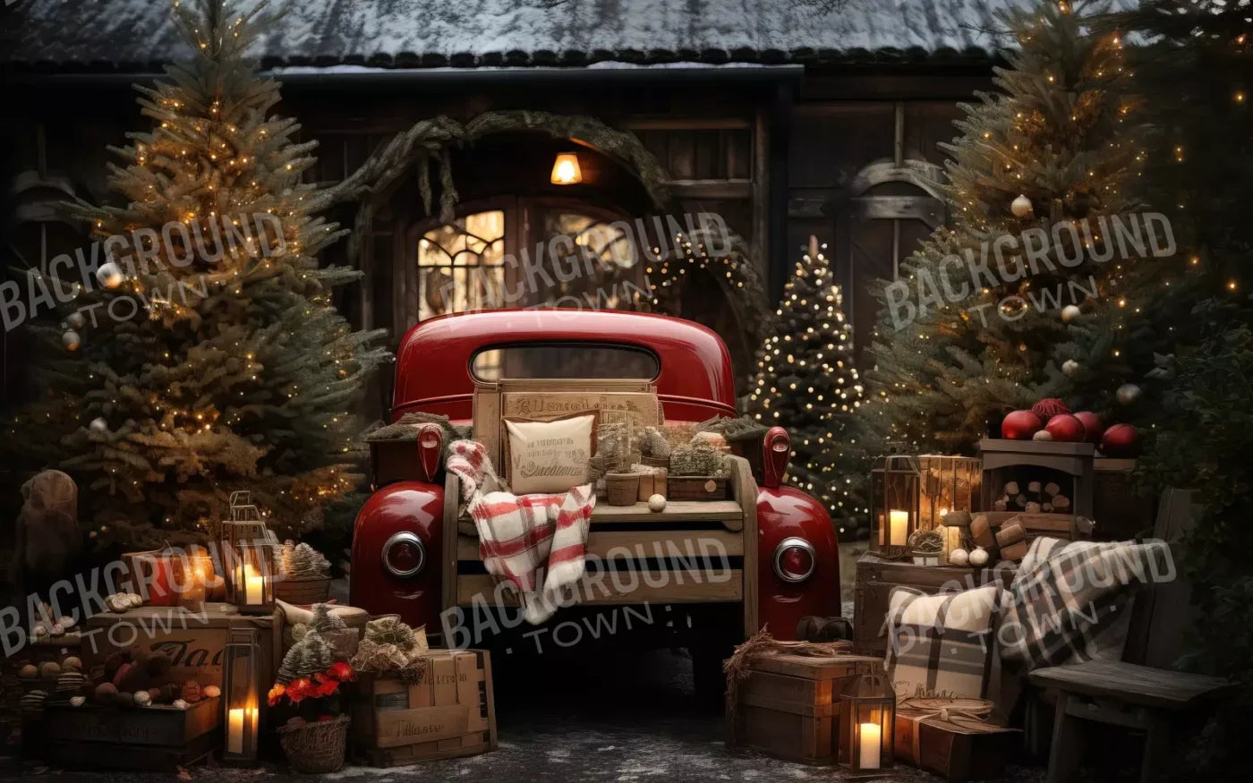 Red Truck Holiday At Cabin Ii 8’X5’ Ultracloth (96 X 60 Inch) Backdrop