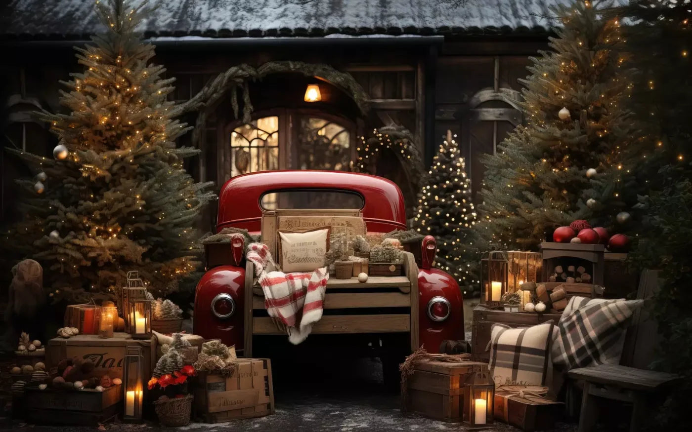 Red Truck Holiday At Cabin Ii 8’X5’ Ultracloth (96 X 60 Inch) Backdrop