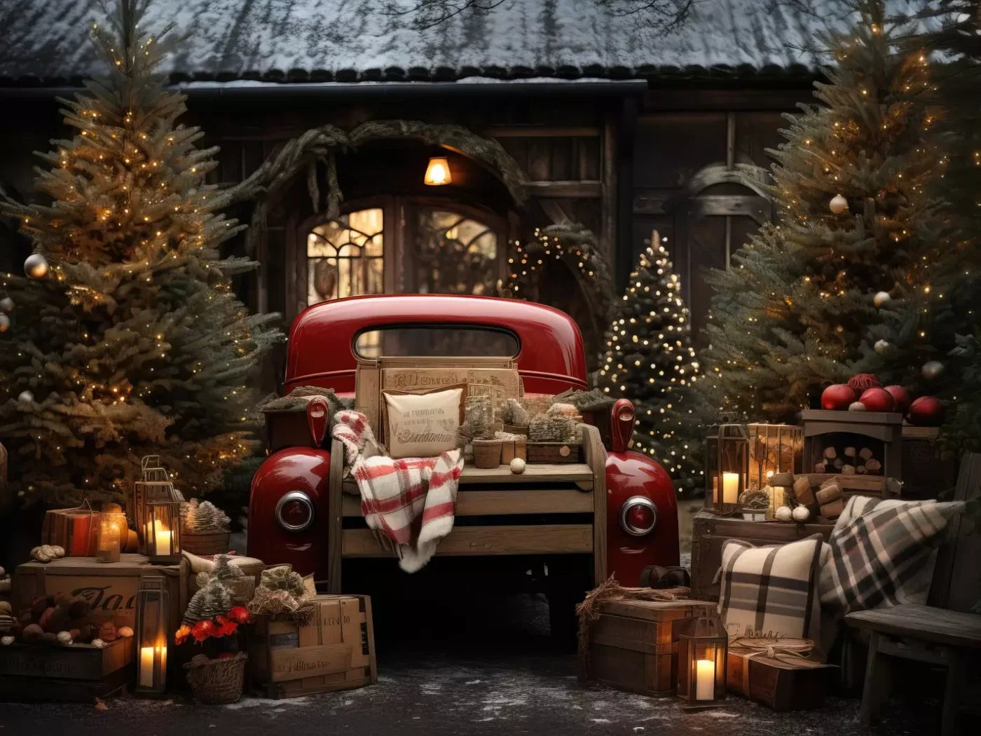 Red Truck Holiday At Cabin Ii 8’X6’ Fleece (96 X 72 Inch) Backdrop