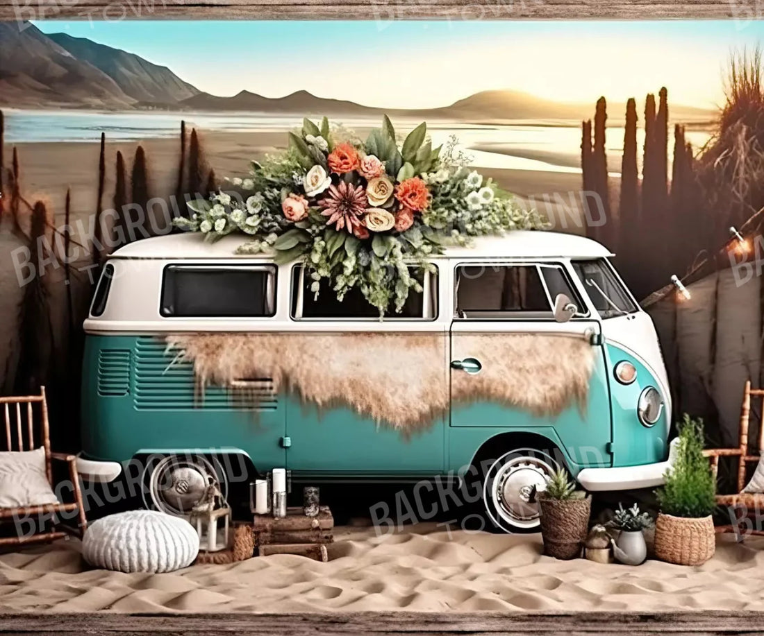 Retro bus on sunny beach shore Backdrop for Photography