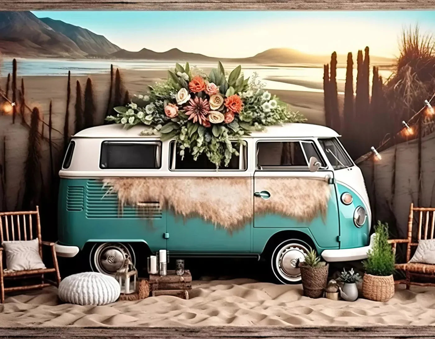 Retro Beach Day 8X6 Fleece ( 96 X 72 Inch ) Backdrop