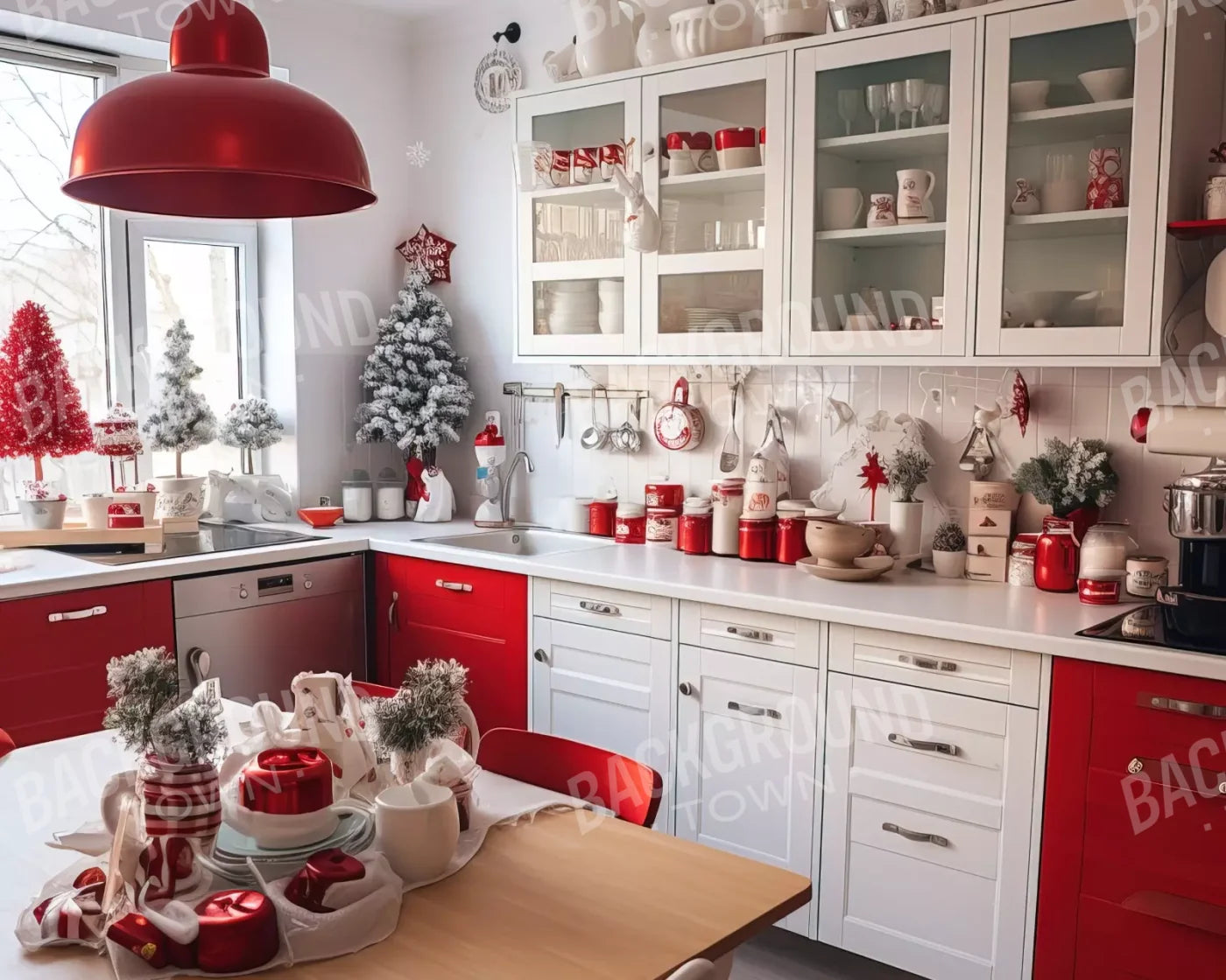 Retro Christmas Kitchen 10’X8’ Fleece (120 X 96 Inch) Backdrop