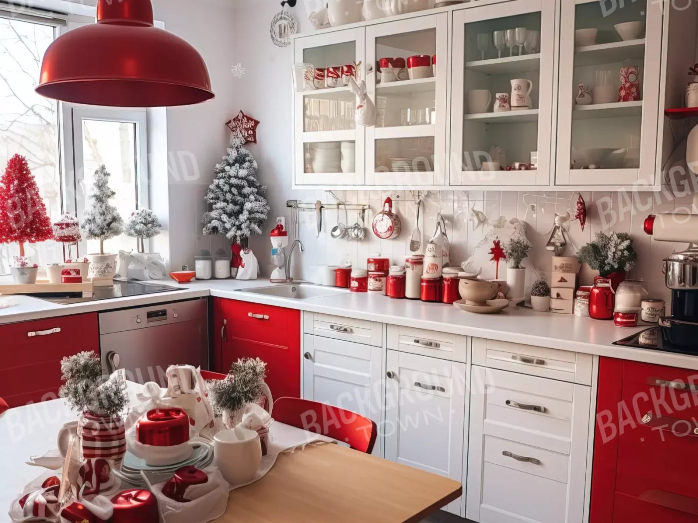 Retro Christmas Kitchen 6’8X5’ Fleece (80 X 60 Inch) Backdrop