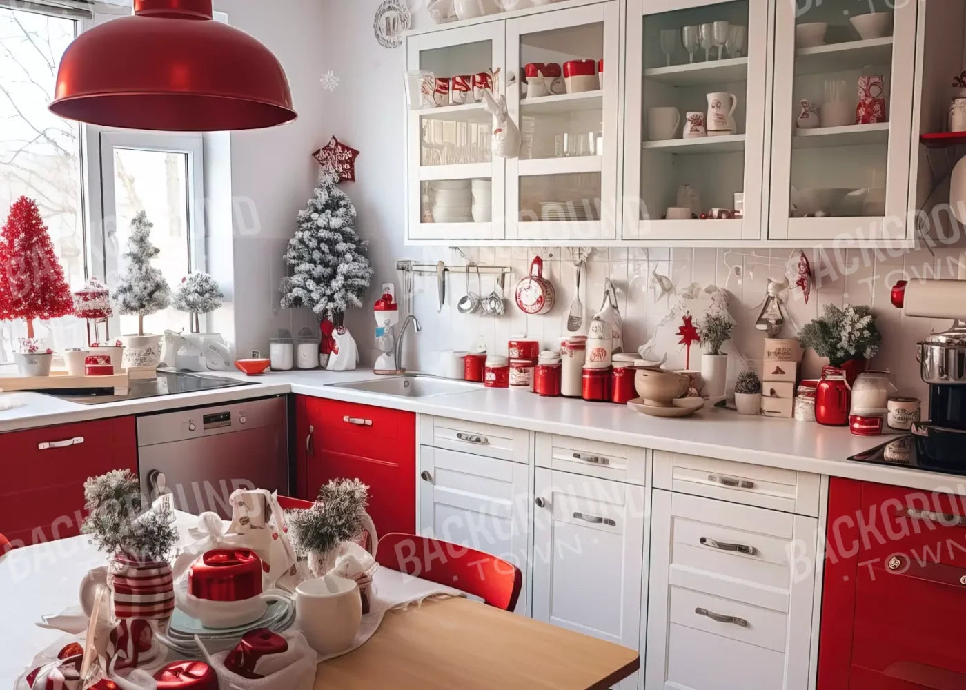 Retro Christmas Kitchen 7’X5’ Ultracloth (84 X 60 Inch) Backdrop