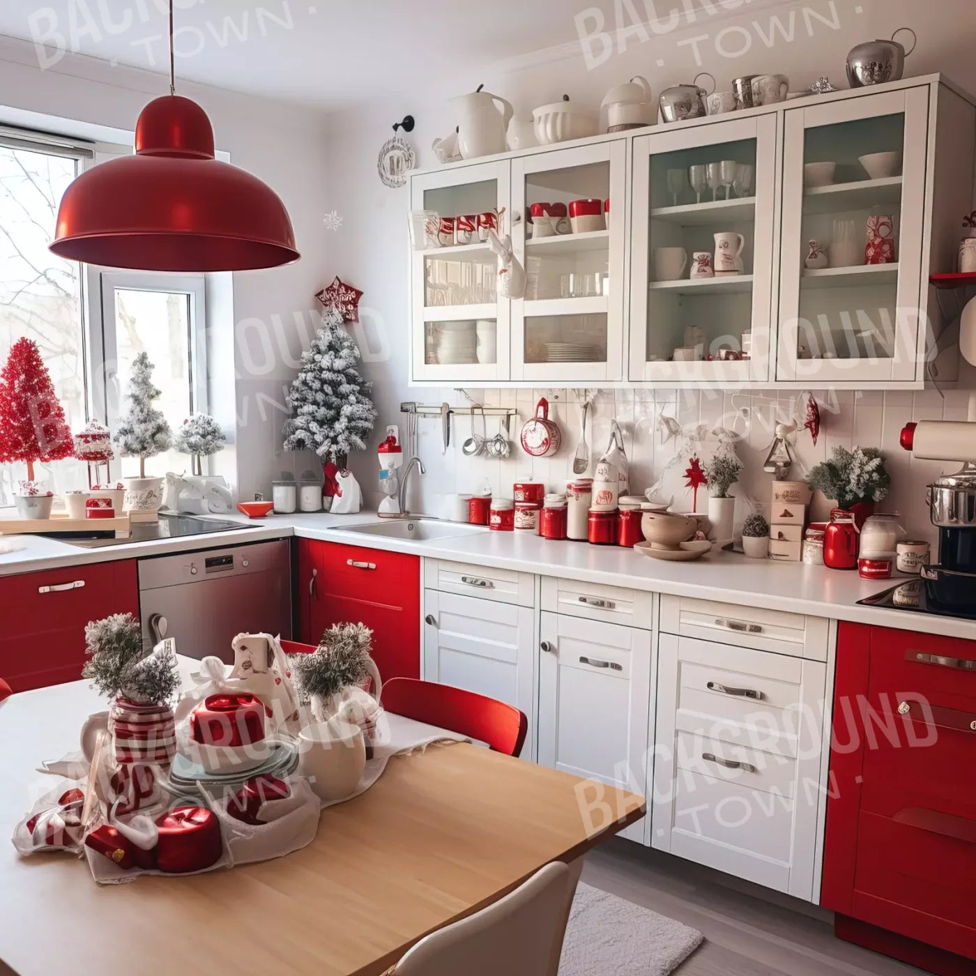 Retro Christmas Kitchen 8’X8’ Fleece (96 X Inch) Backdrop