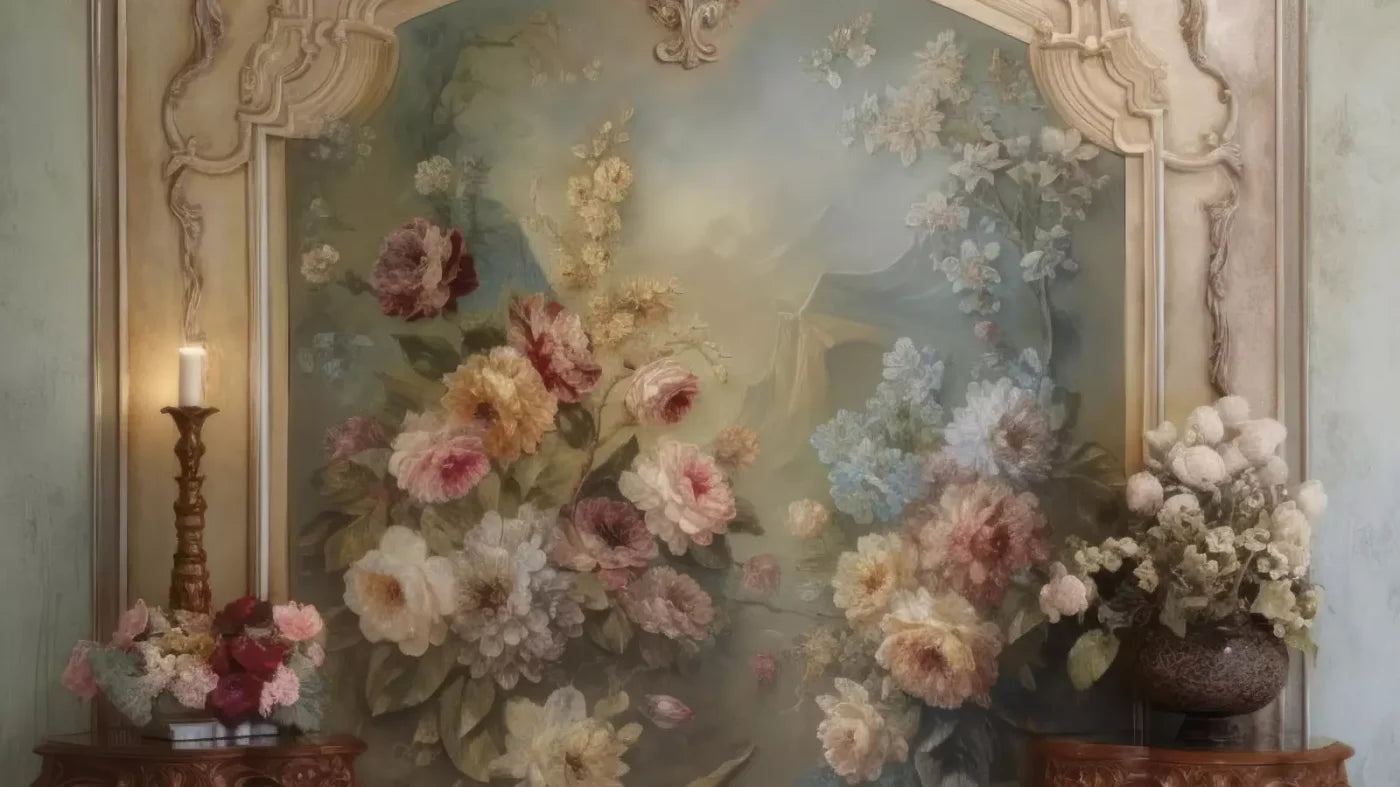 Rococo Beige Floral Wall 14X8 Ultracloth ( 168 X 96 Inch ) Backdrop