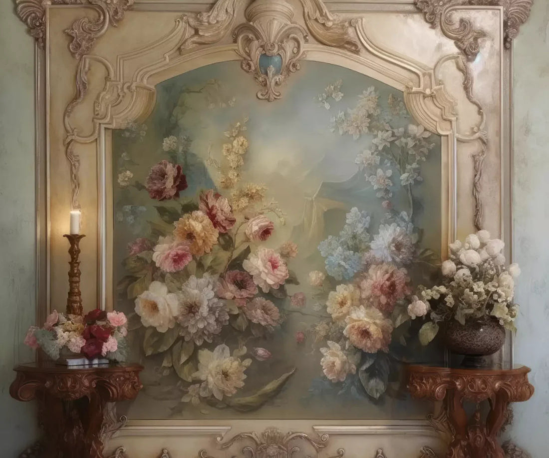 Rococo Beige Floral Wall 5X42 Fleece ( 60 X 50 Inch ) Backdrop
