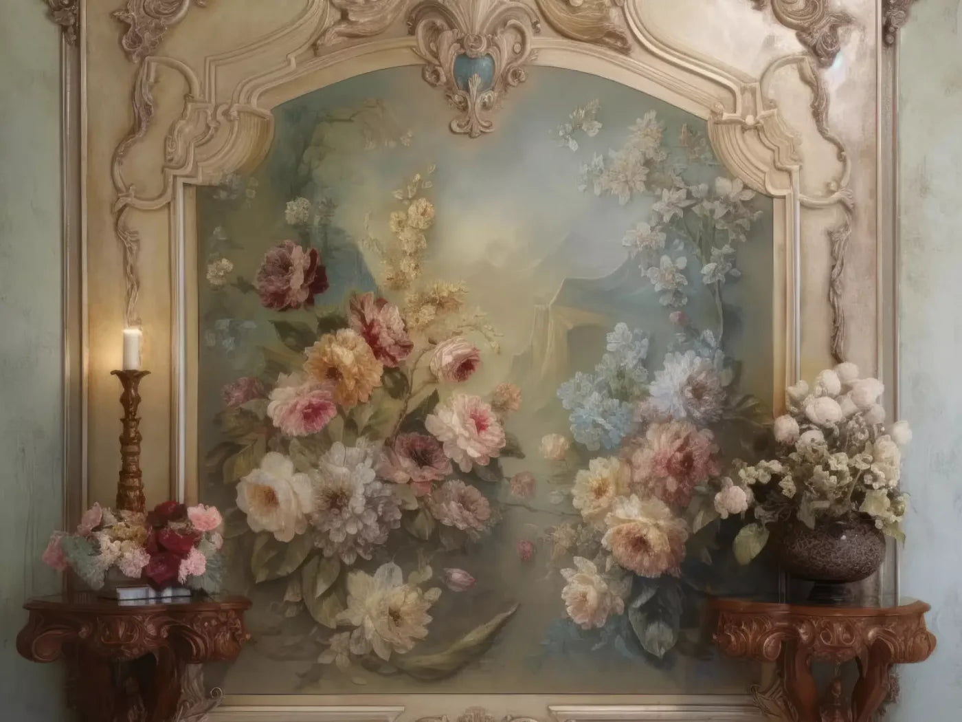 Rococo Beige Floral Wall 68X5 Fleece ( 80 X 60 Inch ) Backdrop