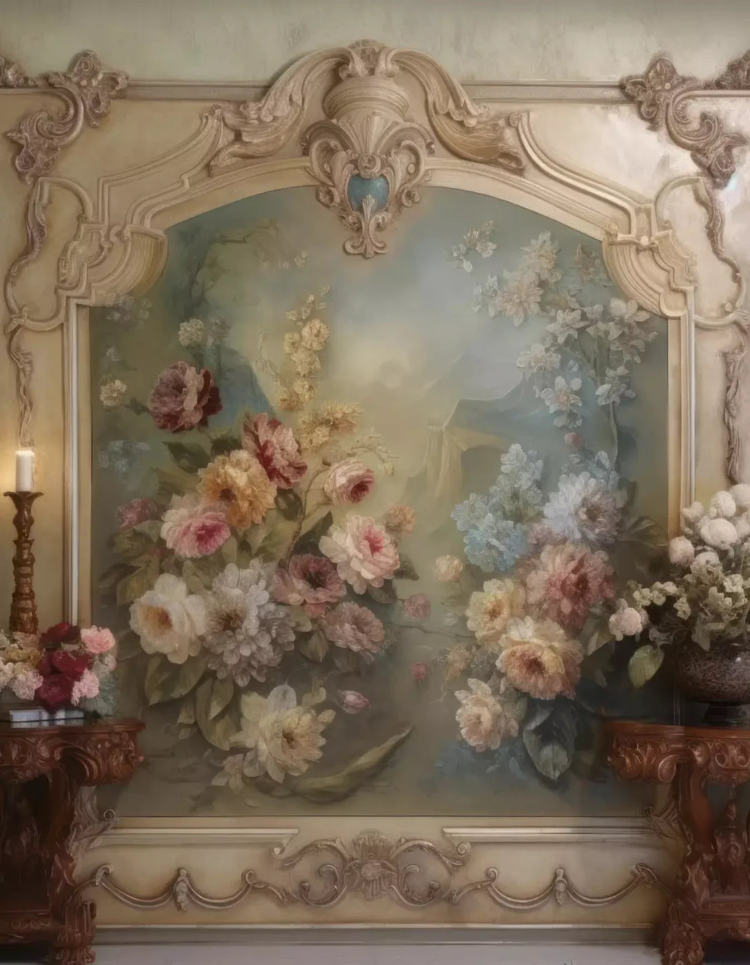 Rococo Beige Floral Wall 6X8 Fleece ( 72 X 96 Inch ) Backdrop