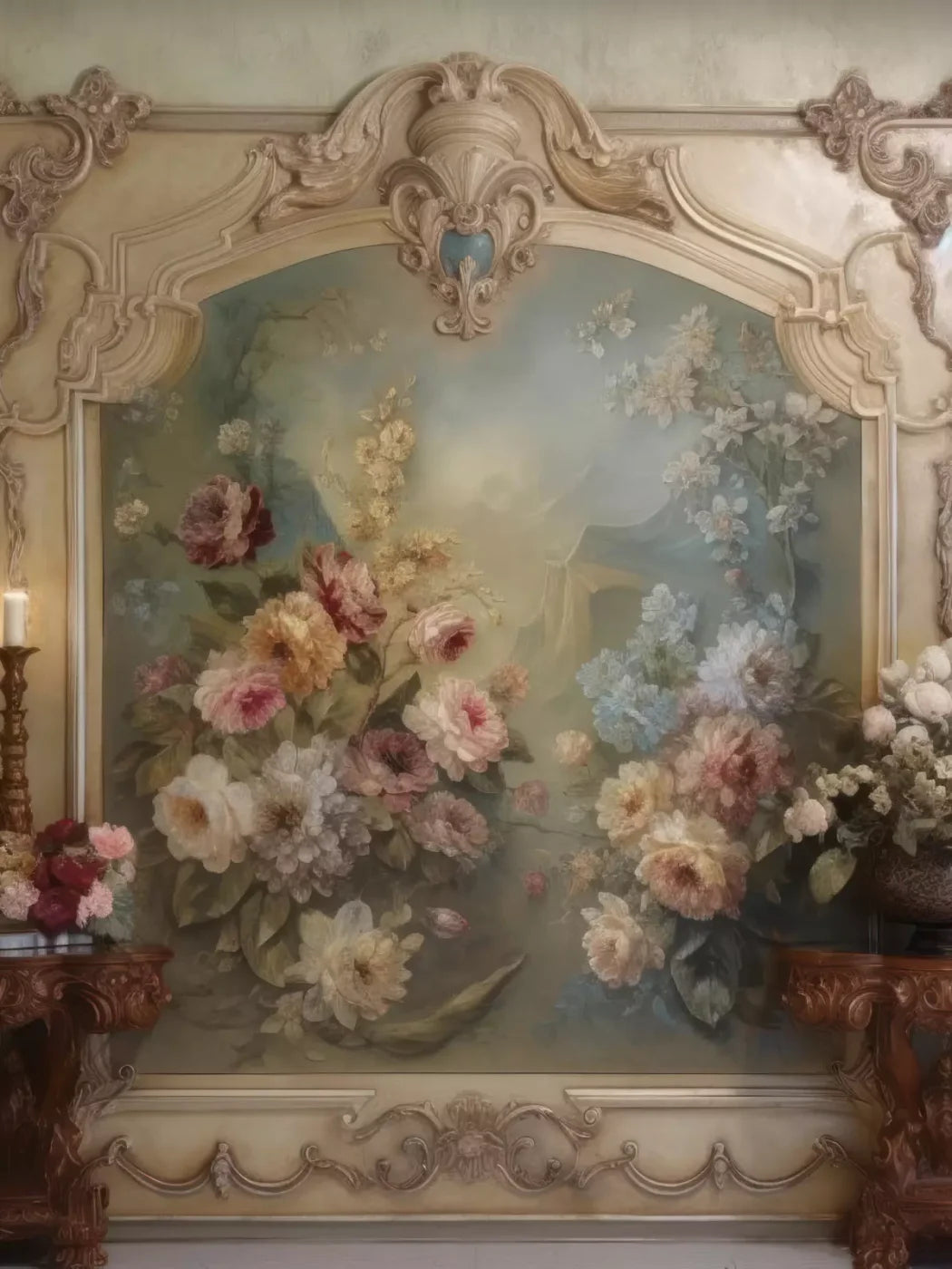 Rococo Beige Floral Wall 8X10 Fleece ( 96 X 120 Inch ) Backdrop