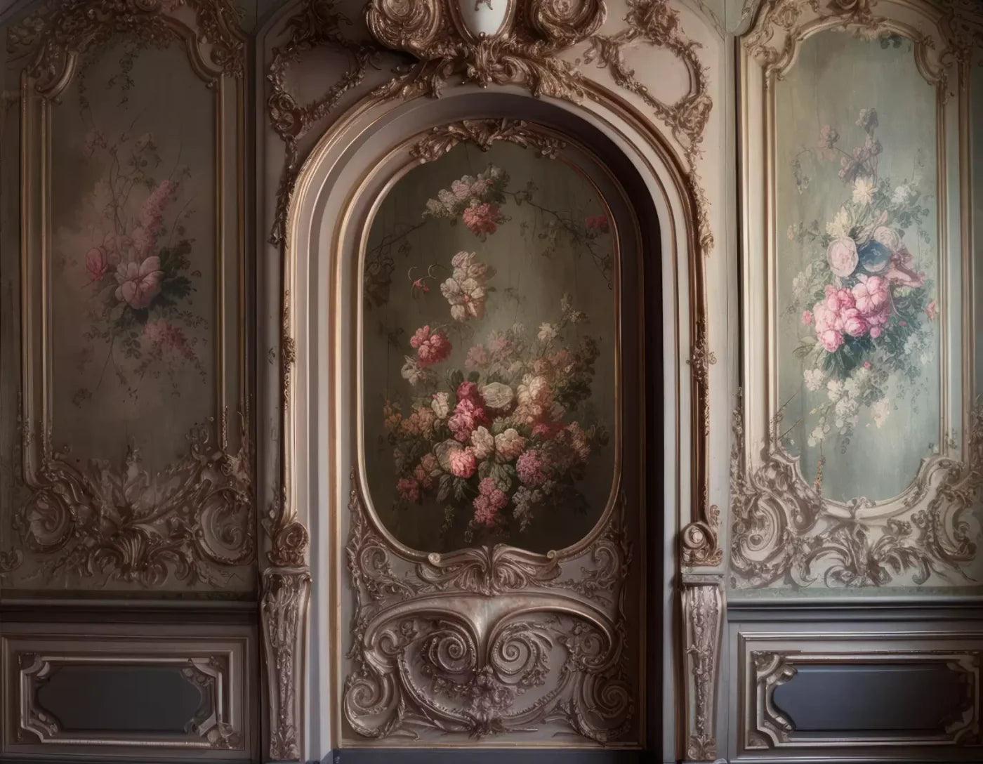 Rococo Blush Floral Wall 8X6 Fleece ( 96 X 72 Inch ) Backdrop