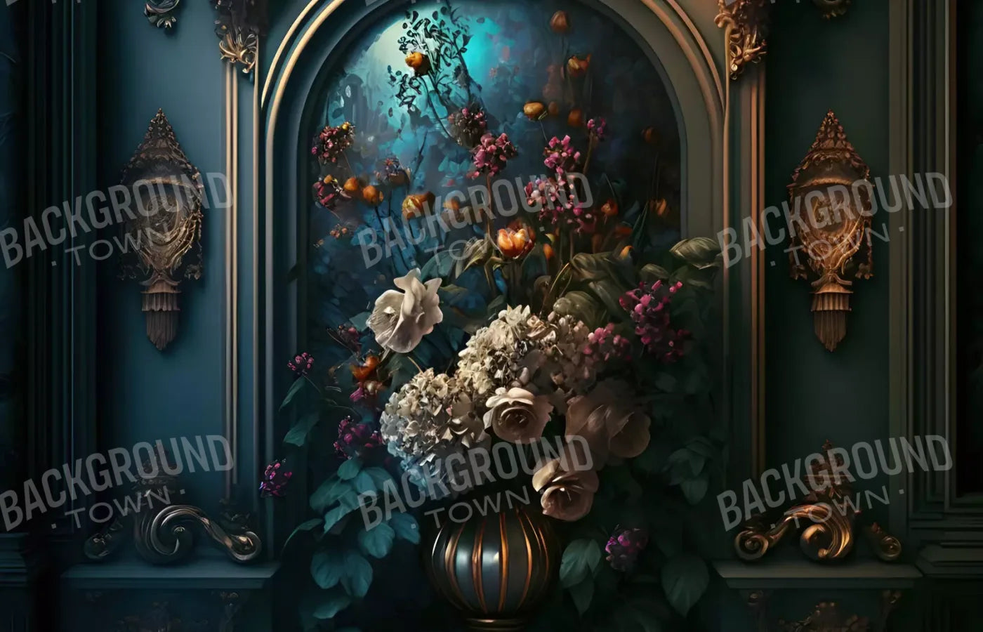 Rococo Midnight Floral Wall 12X8 Ultracloth ( 144 X 96 Inch ) Backdrop